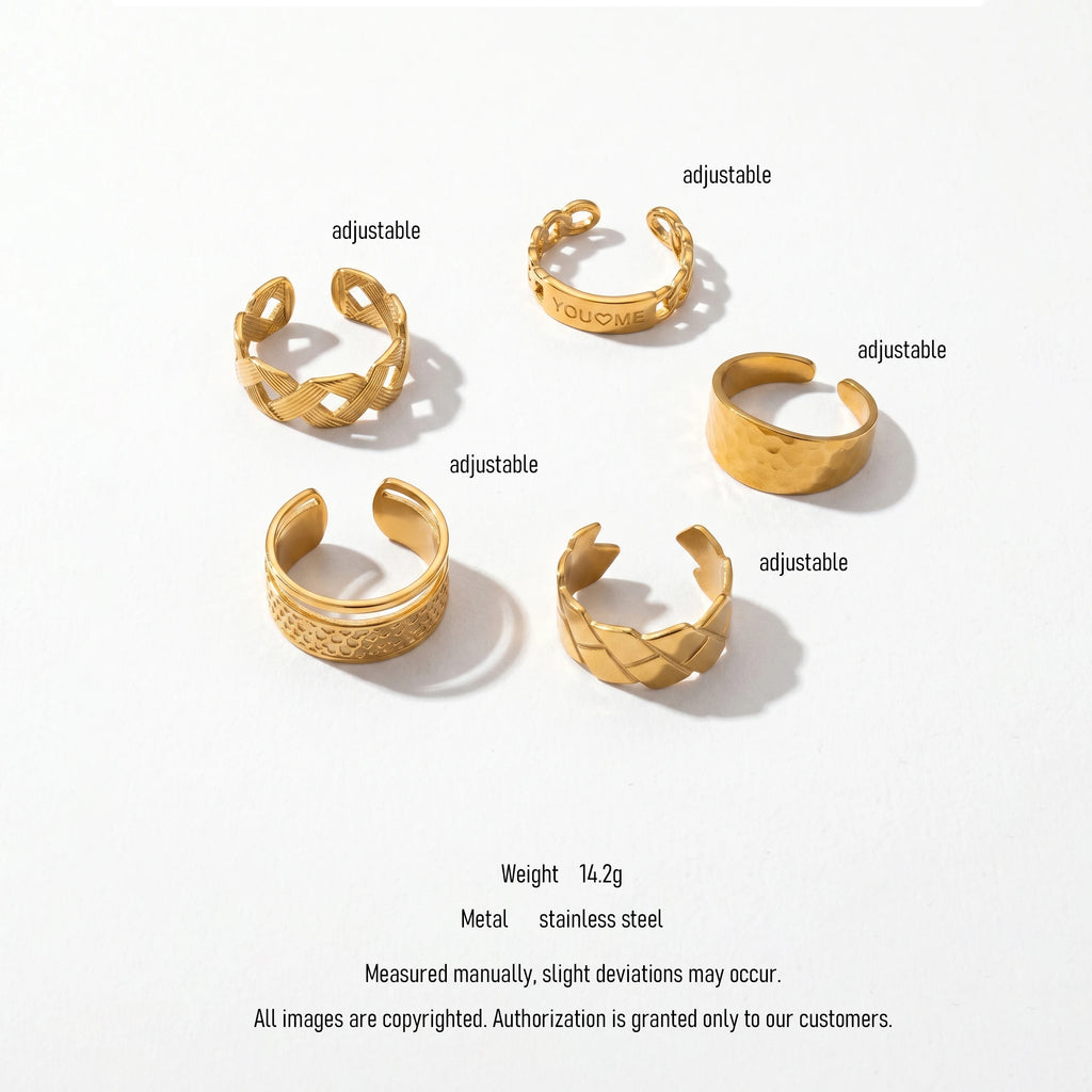 QIAOREN 10706 18K Gold Stainless Steel Adjustable Open Rings Braided Hammer Engraved Stackable Jewelry for Women