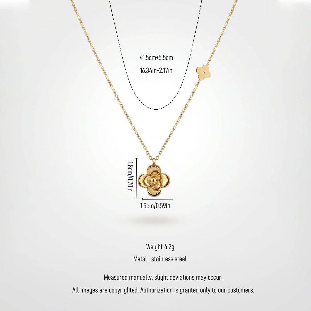 QIAOREN 13763 Thin Oval Link Chain Pendant Necklace with 3D Layered Four Leaf Flower Charm & Small Side Floral Jewelry