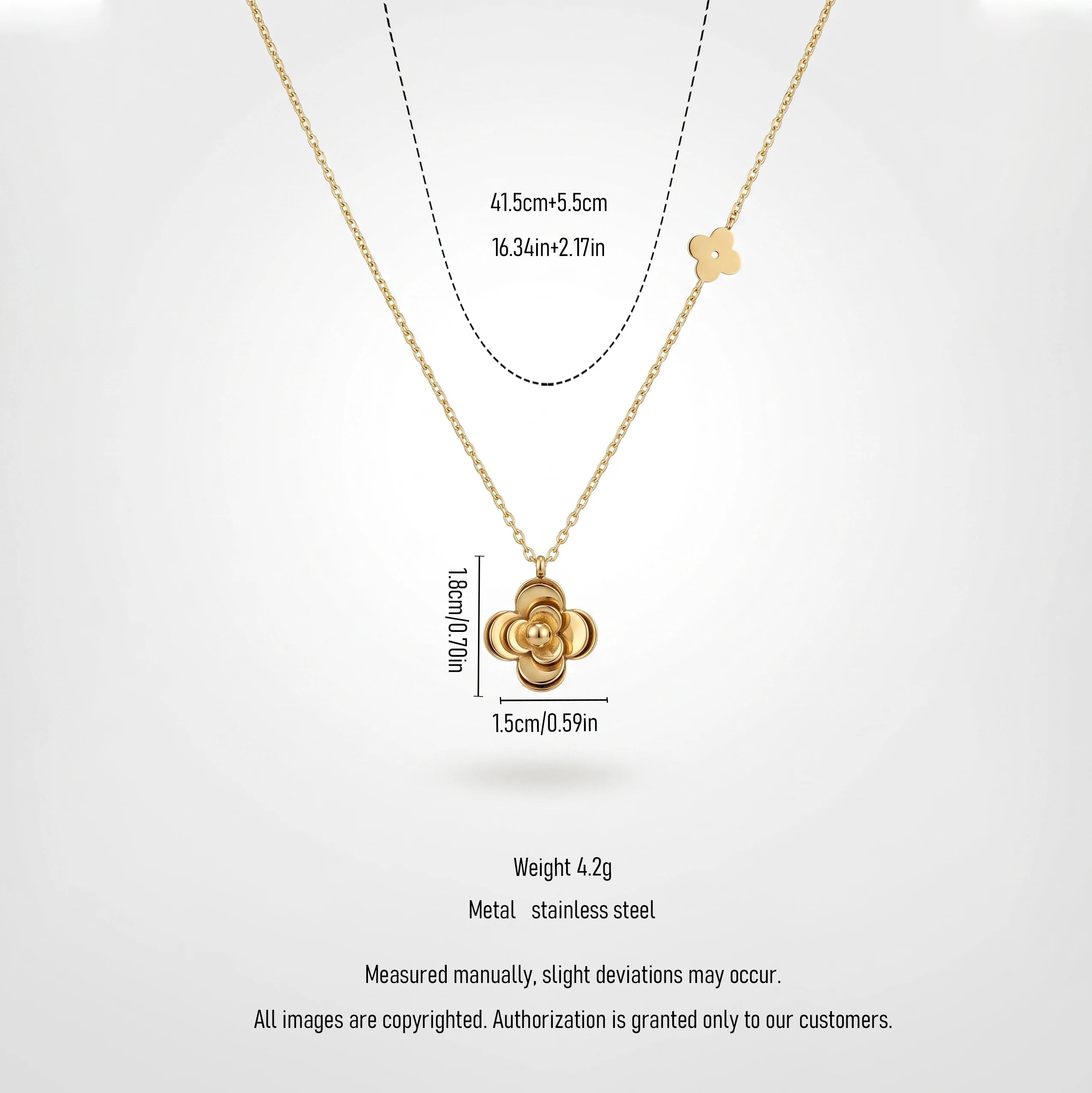 QIAOREN 13763 Thin Oval Link Chain Pendant Necklace with 3D Layered Four Leaf Flower Charm & Small Side Floral Jewelry