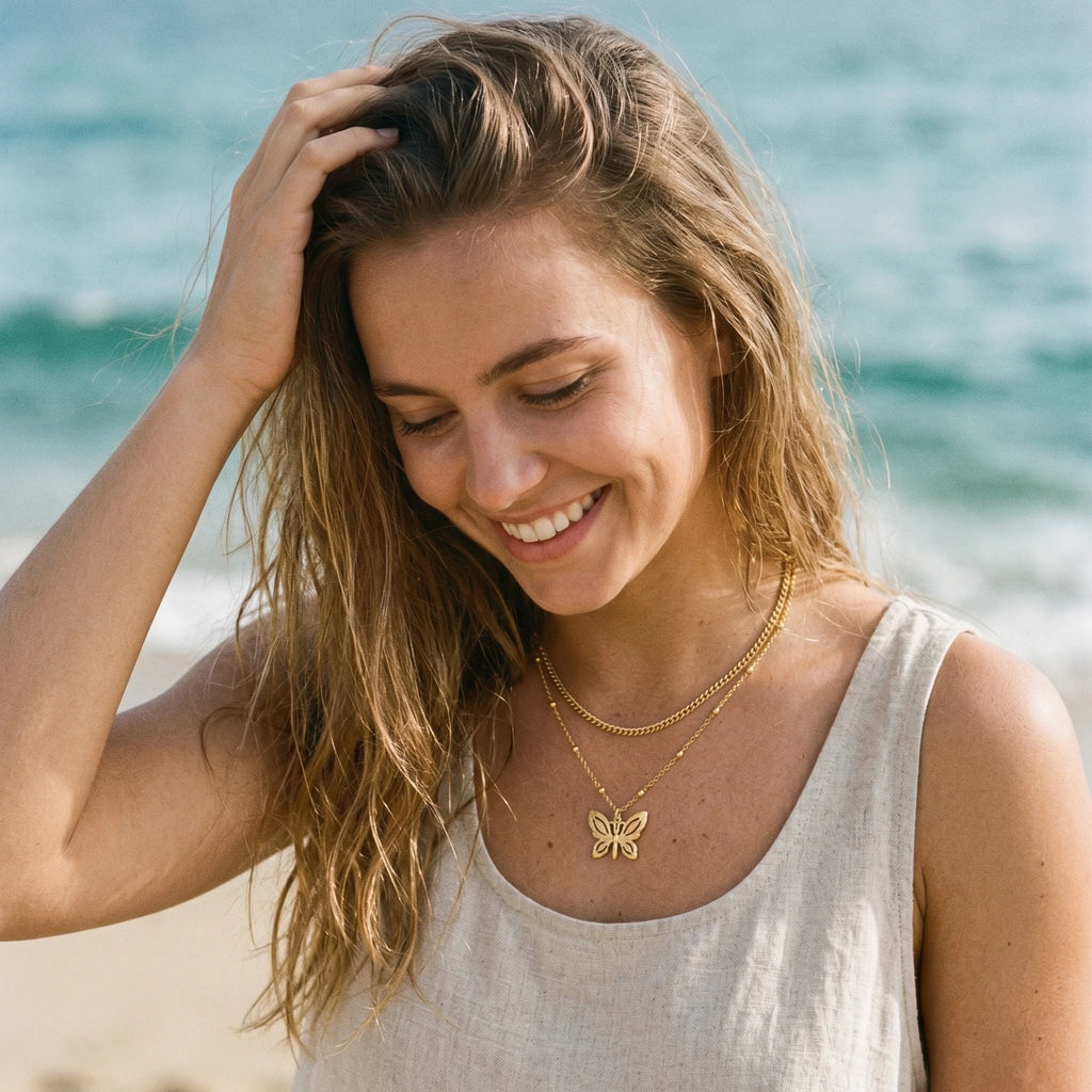 QIAOREN 11638 Waterproof 18K Gold Plated Stainless Steel Trendy Layered Necklace Matte Hollow Butterfly Pendant for Women Gift
