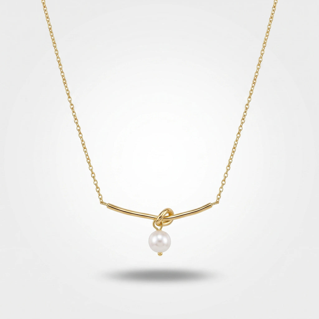 QIAOREN 13724 Thin Link Chain Necklace with Bar Knot Pendant Hanging Single White Freshwater Pearl, Gold Plated Jewelry