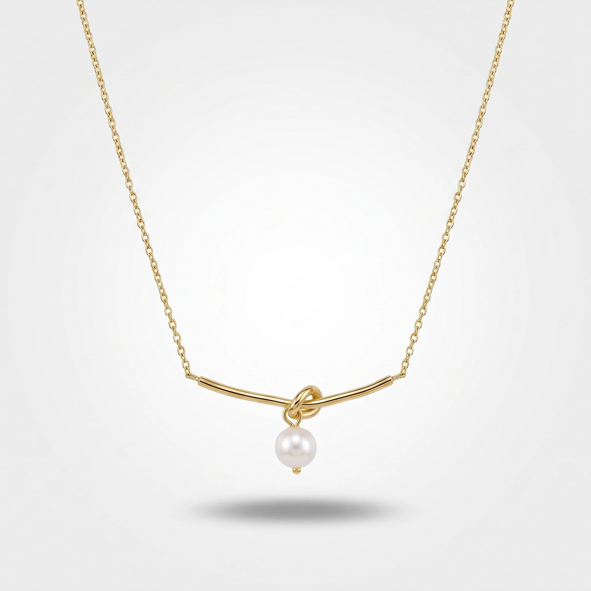 QIAOREN 13724 Thin Link Chain Necklace with Bar Knot Pendant Hanging Single White Freshwater Pearl, Gold Plated Jewelry