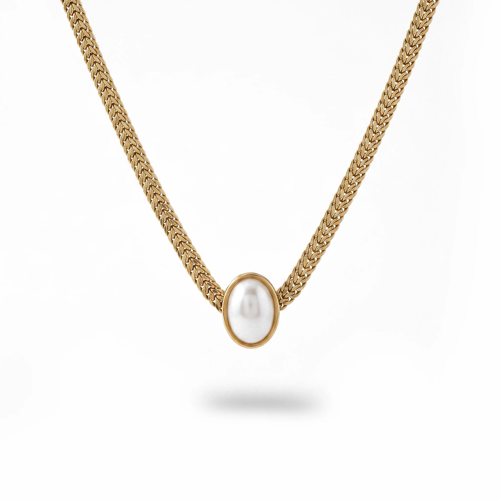 QIAOREN 13948 Stainless Steel Oval Pearl Pendant Wheat Chain Necklace Waterproof Hypoallergenic Jewelry for Women