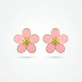 QIAOREN 7782 Gold Tone Pink Enamel Five Petal Flower Stud Earrings Yellow Dot Stamen Floral Pin Studs Sweet Fresh Girly Style