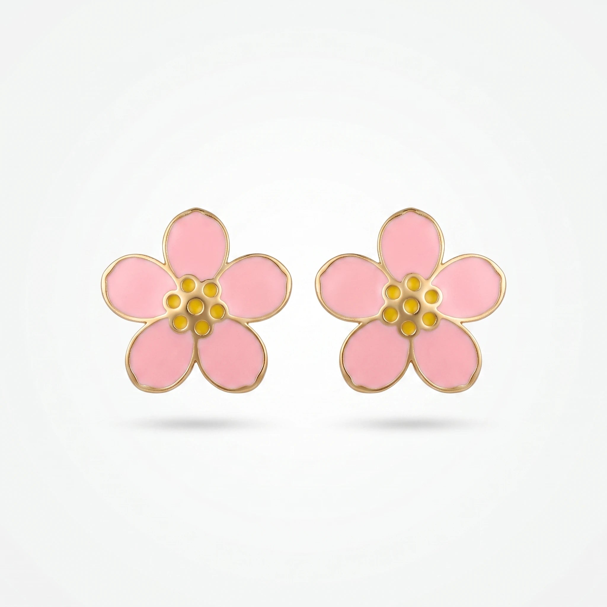 QIAOREN 7782 Gold Tone Pink Enamel Five Petal Flower Stud Earrings Yellow Dot Stamen Floral Pin Studs Sweet Fresh Girly Style