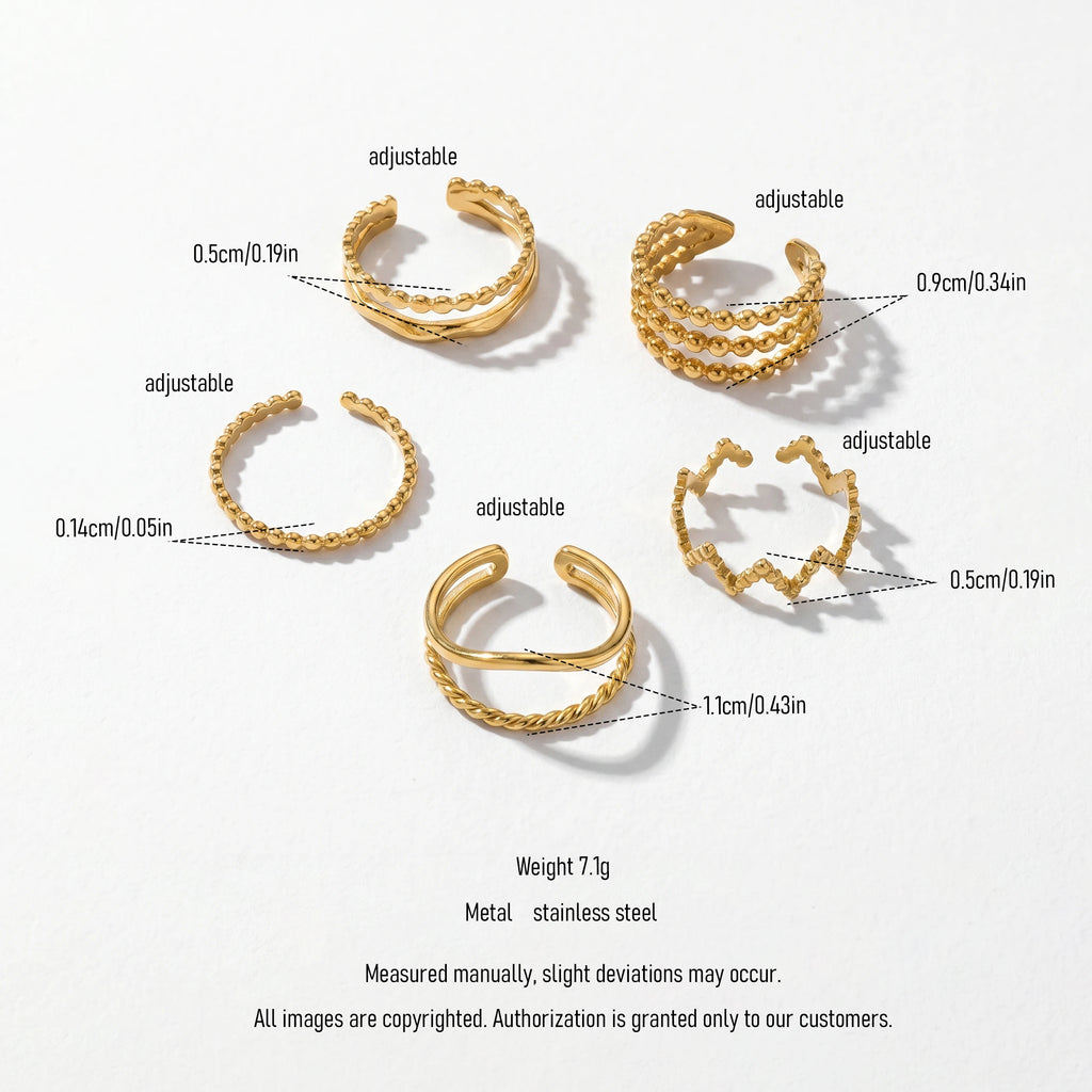 QIAOREN 13091-95 5Pcs 18K Gold Plated Stainless Steel Open Ring Set, Adjustable Stackable Heart Finger Rings