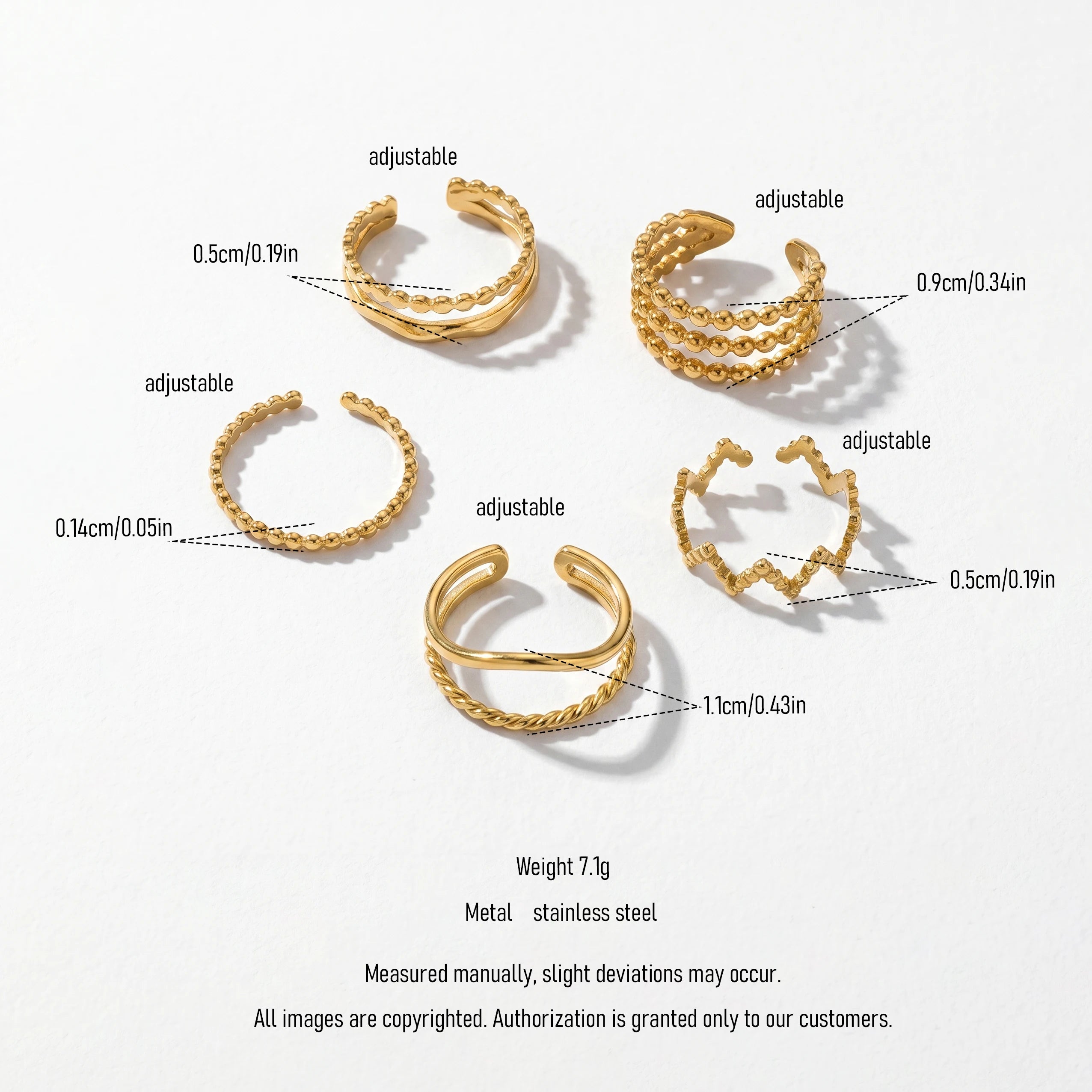 QIAOREN 13091-95 5Pcs 18K Gold Plated Stainless Steel Open Ring Set, Adjustable Stackable Heart Finger Rings