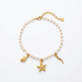 QIAOREN 13319 Ocean Style Pearl Anklet with Starfish, Conch & Rhinestone Tentacle Charms, Beach Vacation Foot Jewelry Gift