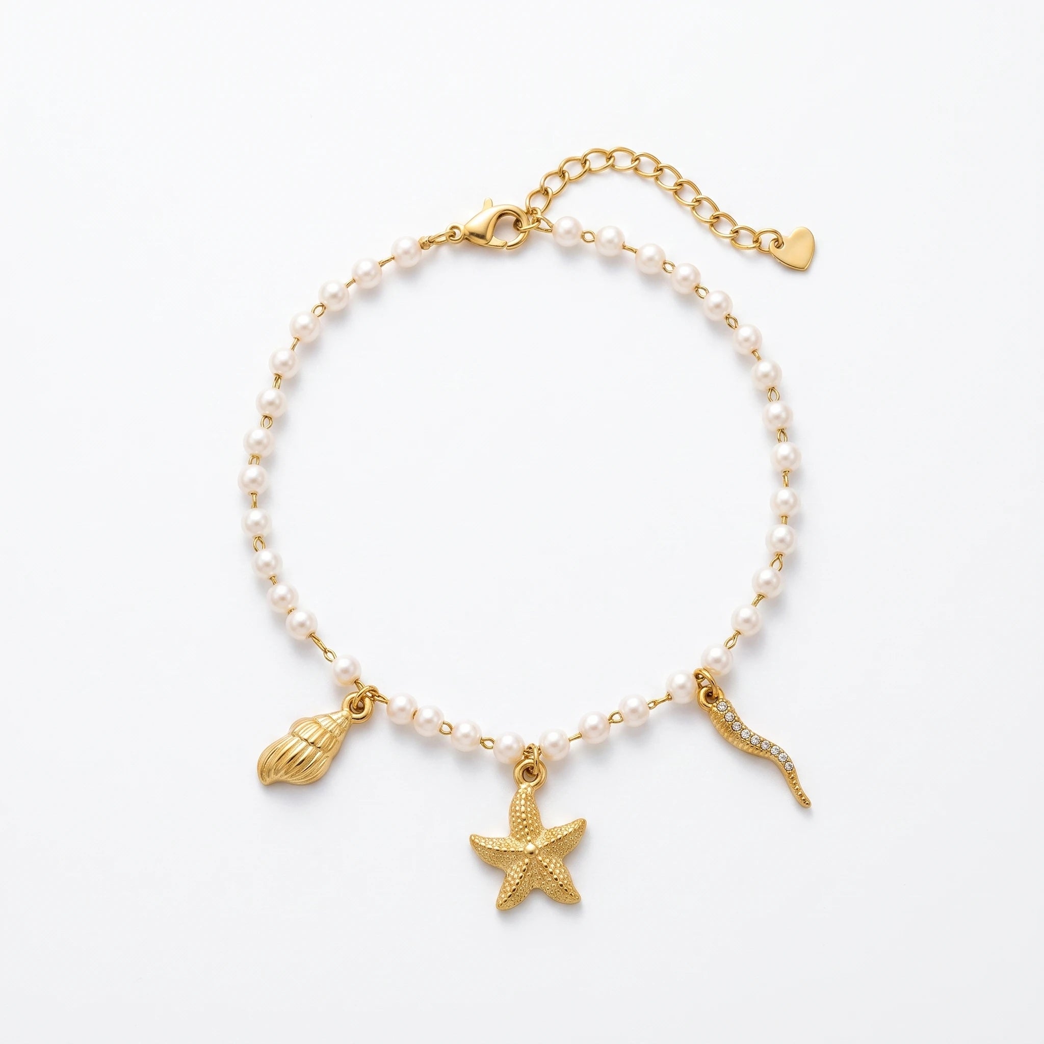 QIAOREN 13319 Ocean Style Pearl Anklet with Starfish, Conch & Rhinestone Tentacle Charms, Beach Vacation Foot Jewelry Gift