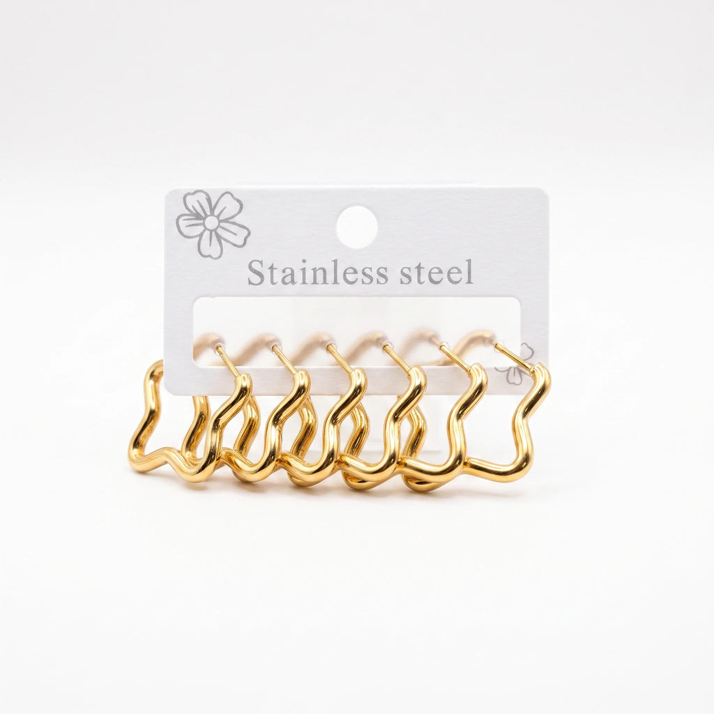 QIAOREN 14454 3 Pair Gold Stainless Steel Wavy Hoop Earrings, Curved Wave Shape Open Hoops for Women, Daily Jewelry