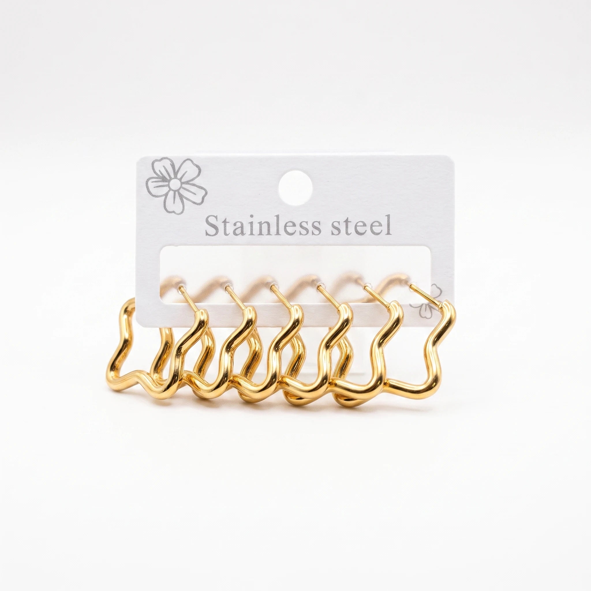 QIAOREN 14454 3 Pair Gold Stainless Steel Wavy Hoop Earrings, Curved Wave Shape Open Hoops for Women, Daily Jewelry