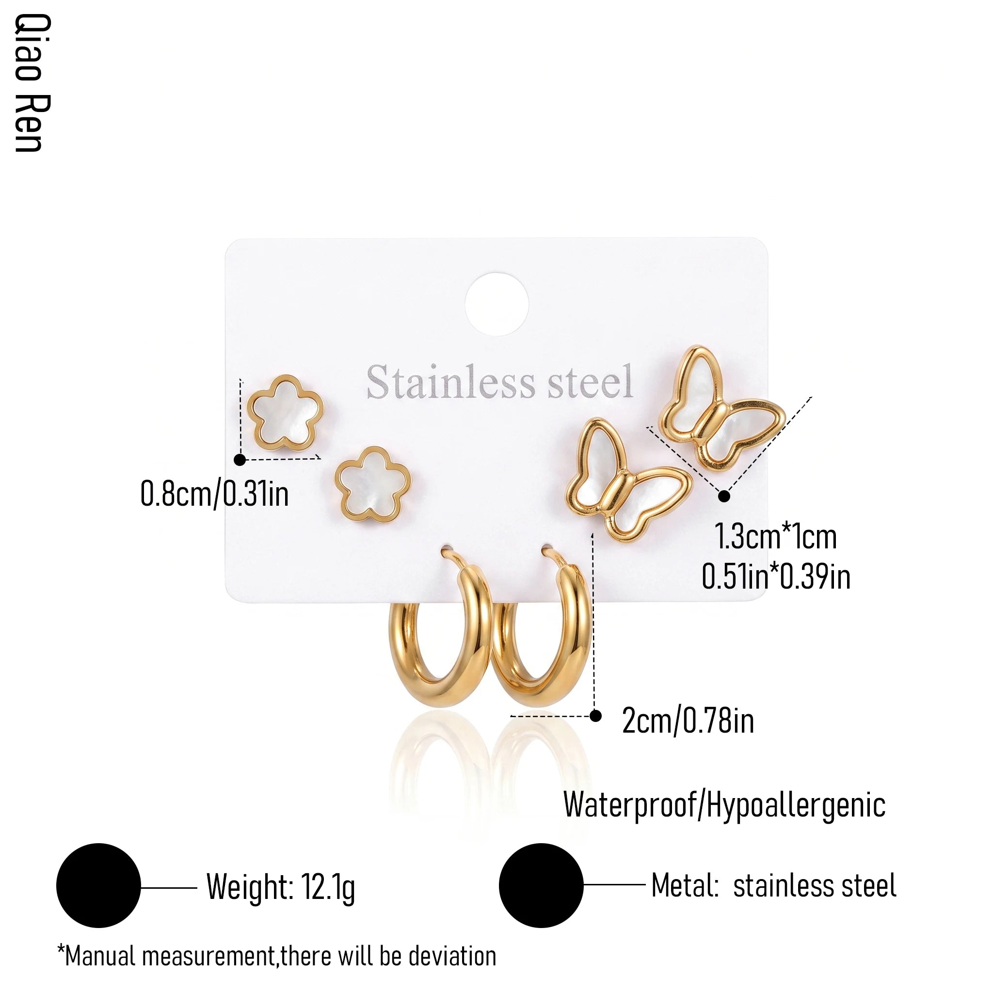 QIAOREN 14473 3 Pair Gold Stainless Steel Earrings Set, Quartz Inlay Flower Studs, Shell Butterfly Studs & Smooth Huggie Hoops