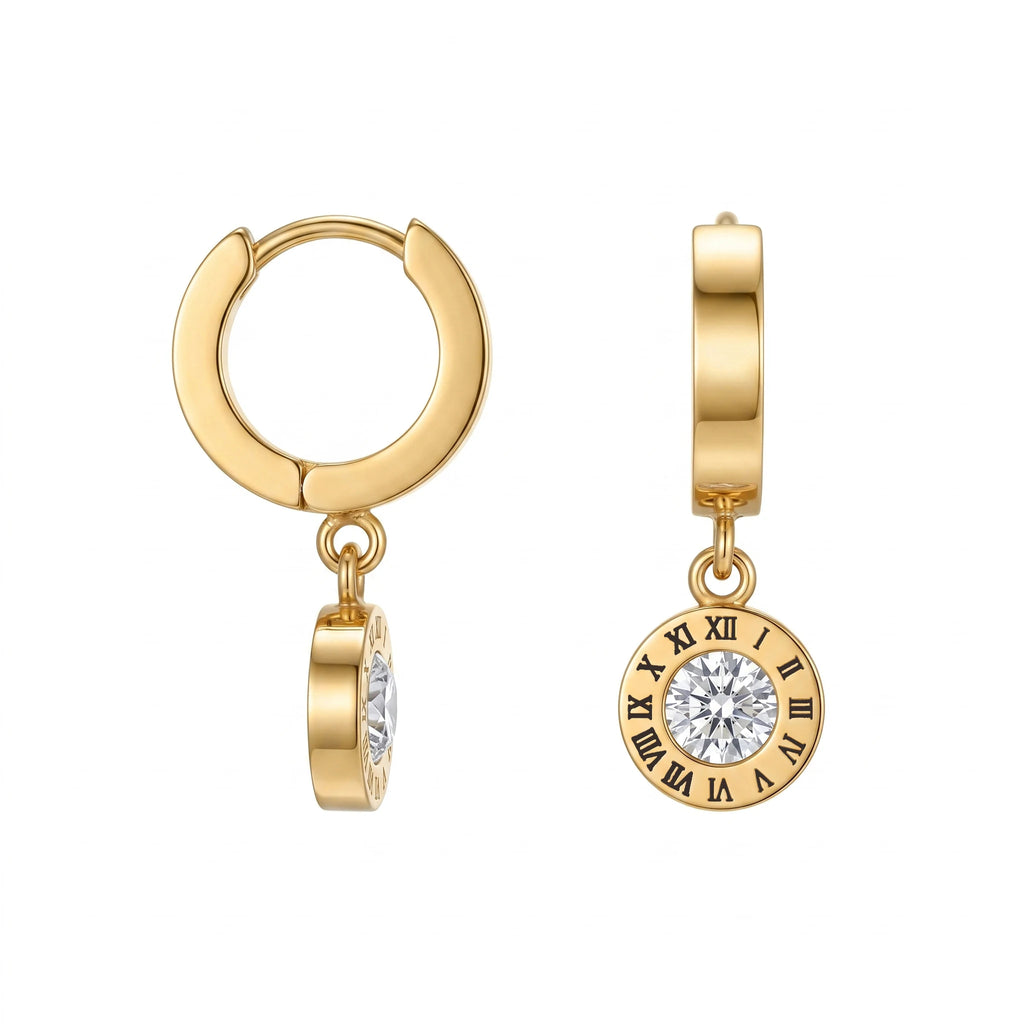 QIAOREN 10745 Stainless Steel Roman Numeral Charm Hoop Earrings, CZ Stone Retro-Inspired Long-Wearing Gold/Silver Finish Jewelry