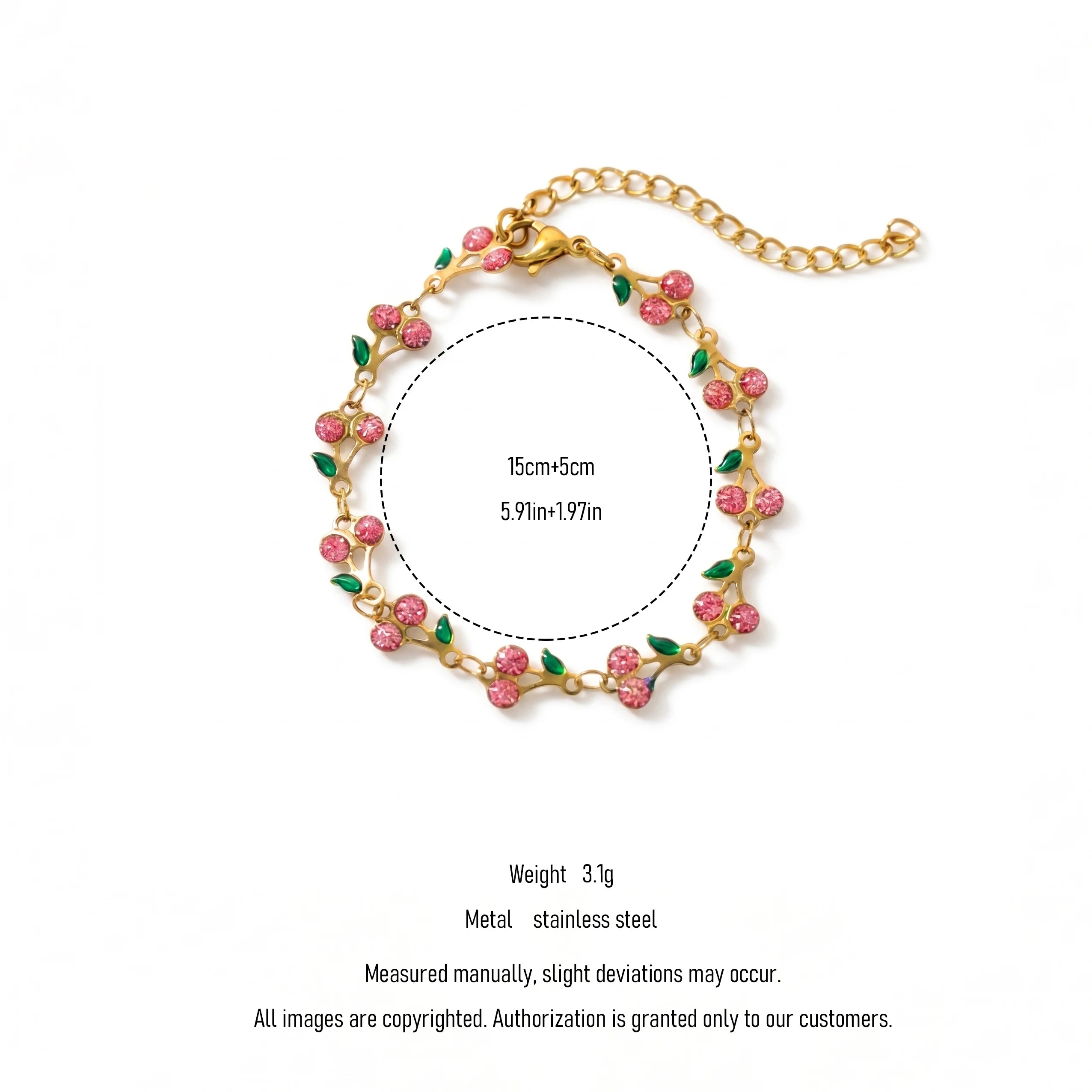 QIAOREN 12224-33 Waterproof Stainless Steel Gold Cherry Bracelet Pink Rhinestone Leaf Charm Bracelet for Women