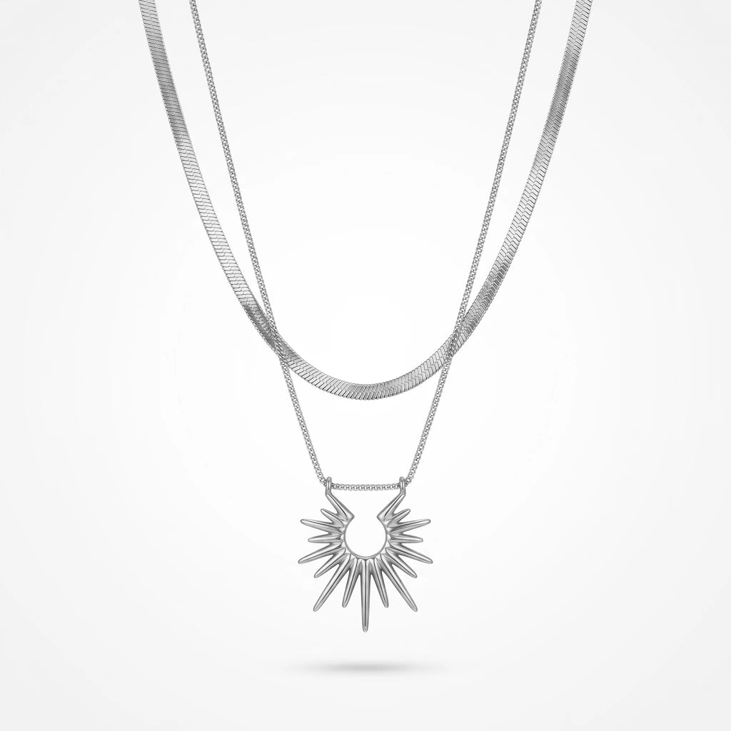 QIAOREN 13528 Two Layer Hollow Sunburst Pendant Stack Necklace with Flat Snake & Thin Cable Mixed Chain, Textured Radiant Sun