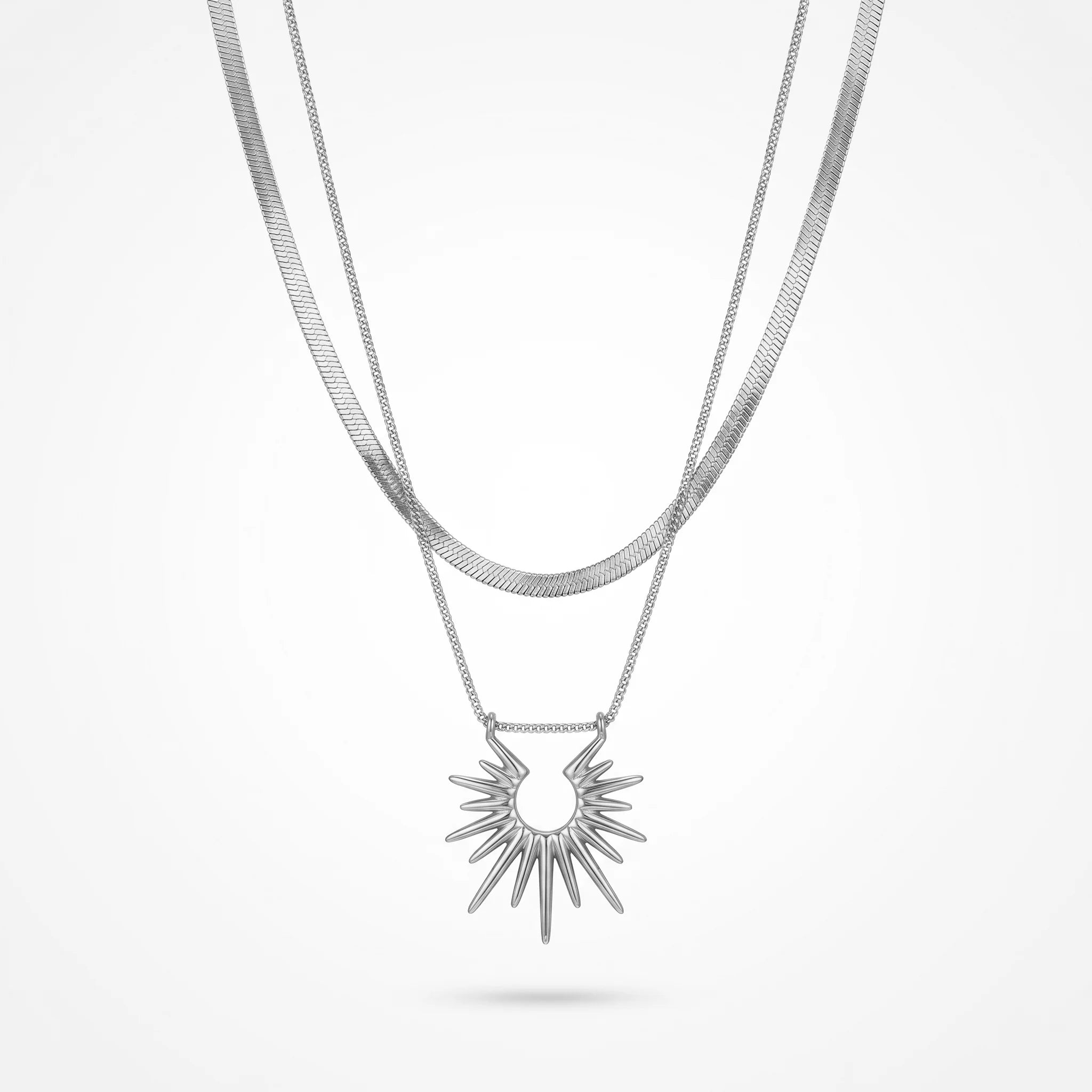 QIAOREN 13528 Two Layer Hollow Sunburst Pendant Stack Necklace with Flat Snake & Thin Cable Mixed Chain, Textured Radiant Sun