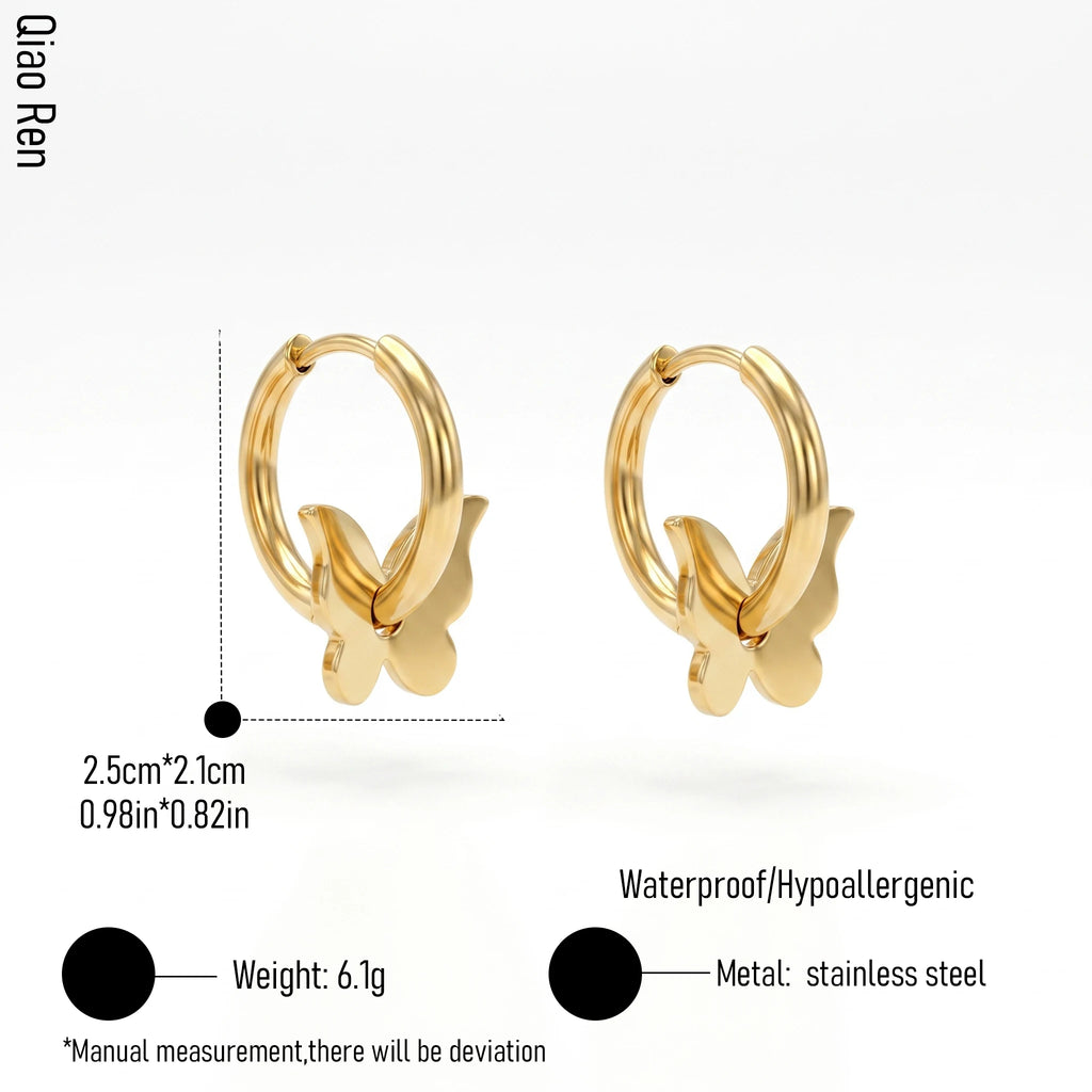 QIAOREN 14428 Butterfly Charm Huggie Hoop Earrings, Gold Plated Stainless Steel Small Hoop Earrings Jewelry Gift