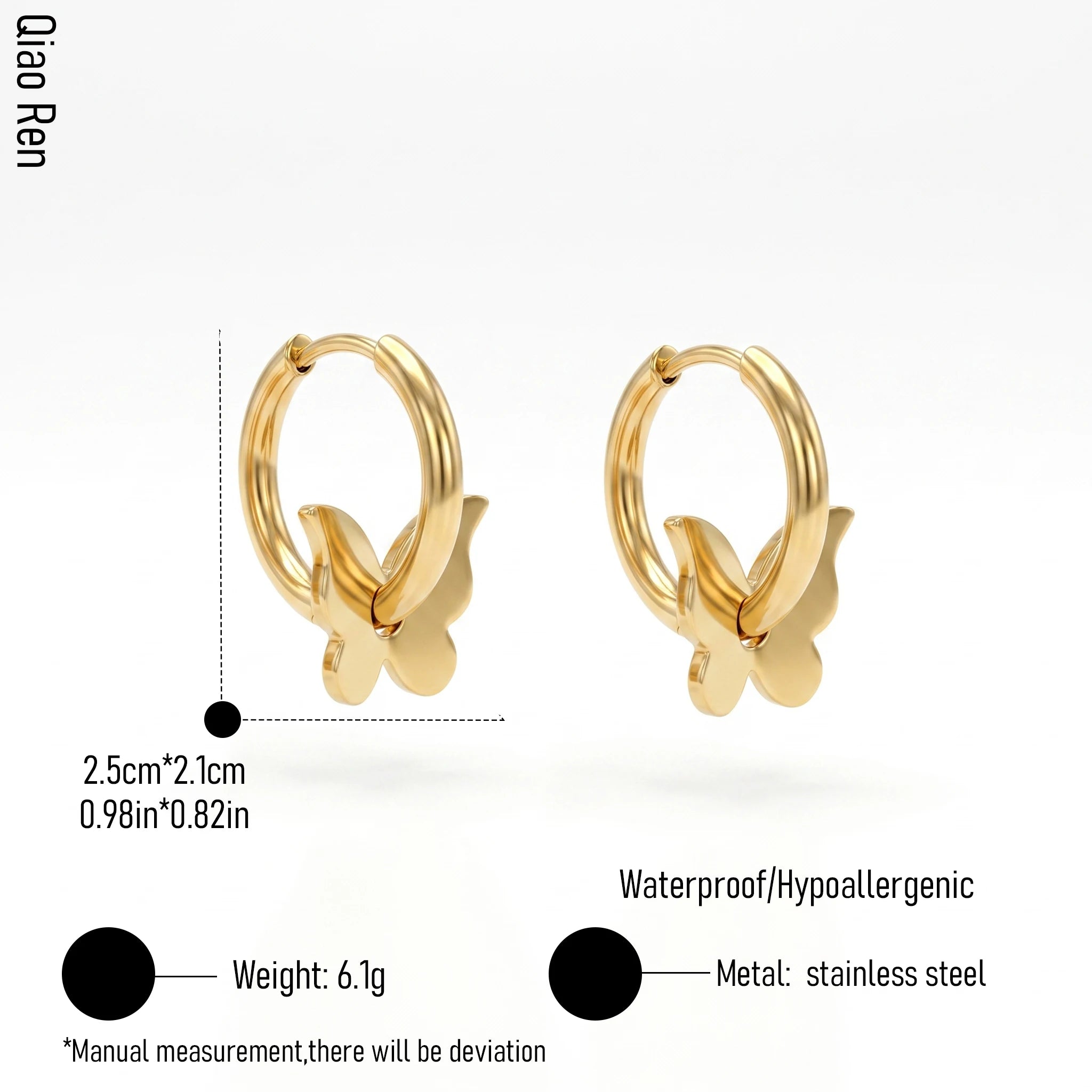 QIAOREN 14428 Butterfly Charm Huggie Hoop Earrings, Gold Plated Stainless Steel Small Hoop Earrings Jewelry Gift