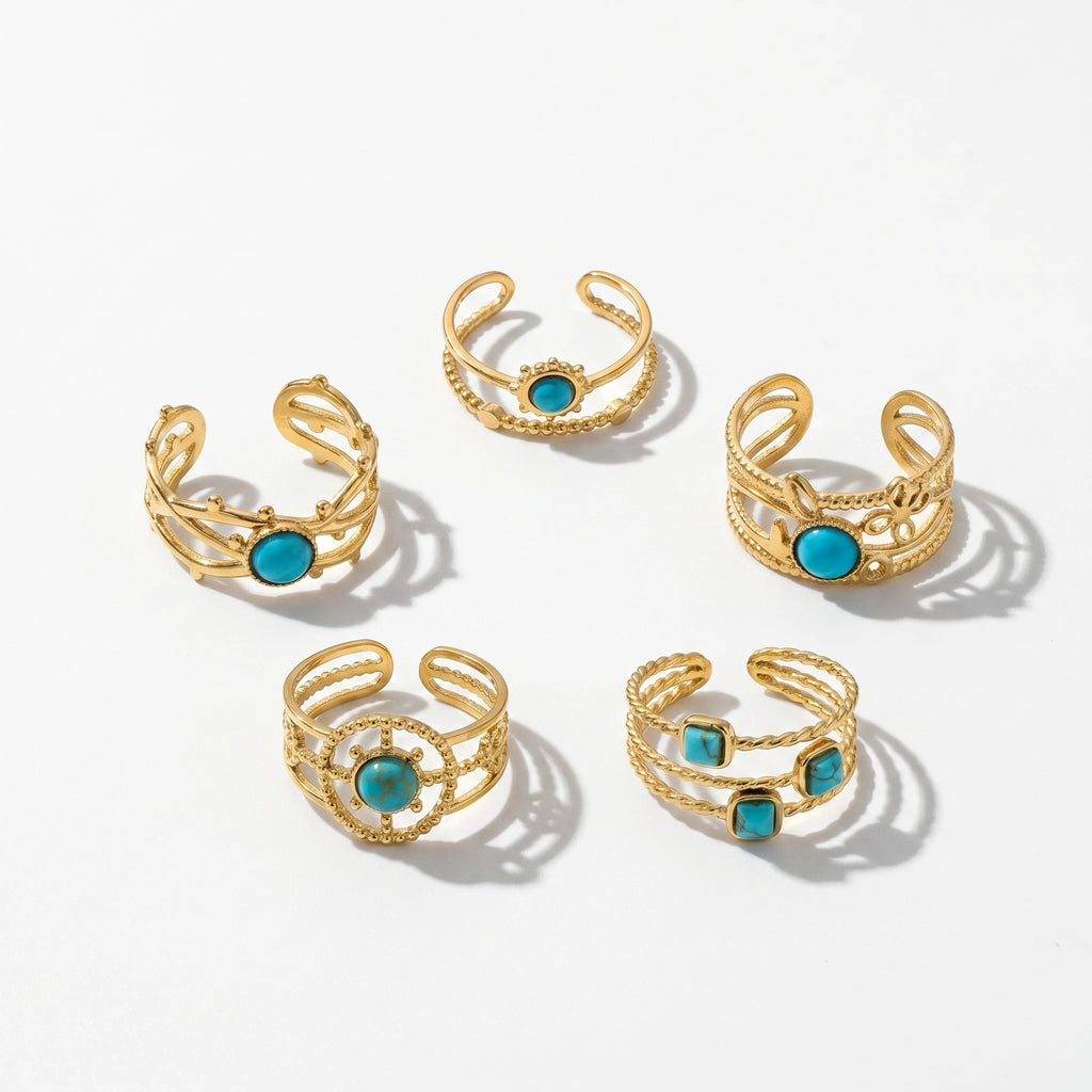 QIAOREN 13146-50 5Pcs Gold Turquoise Open Cuff Ring Set, Boho Hollow Inlaid Turquoise Stainless Steel Stackable Jewelry