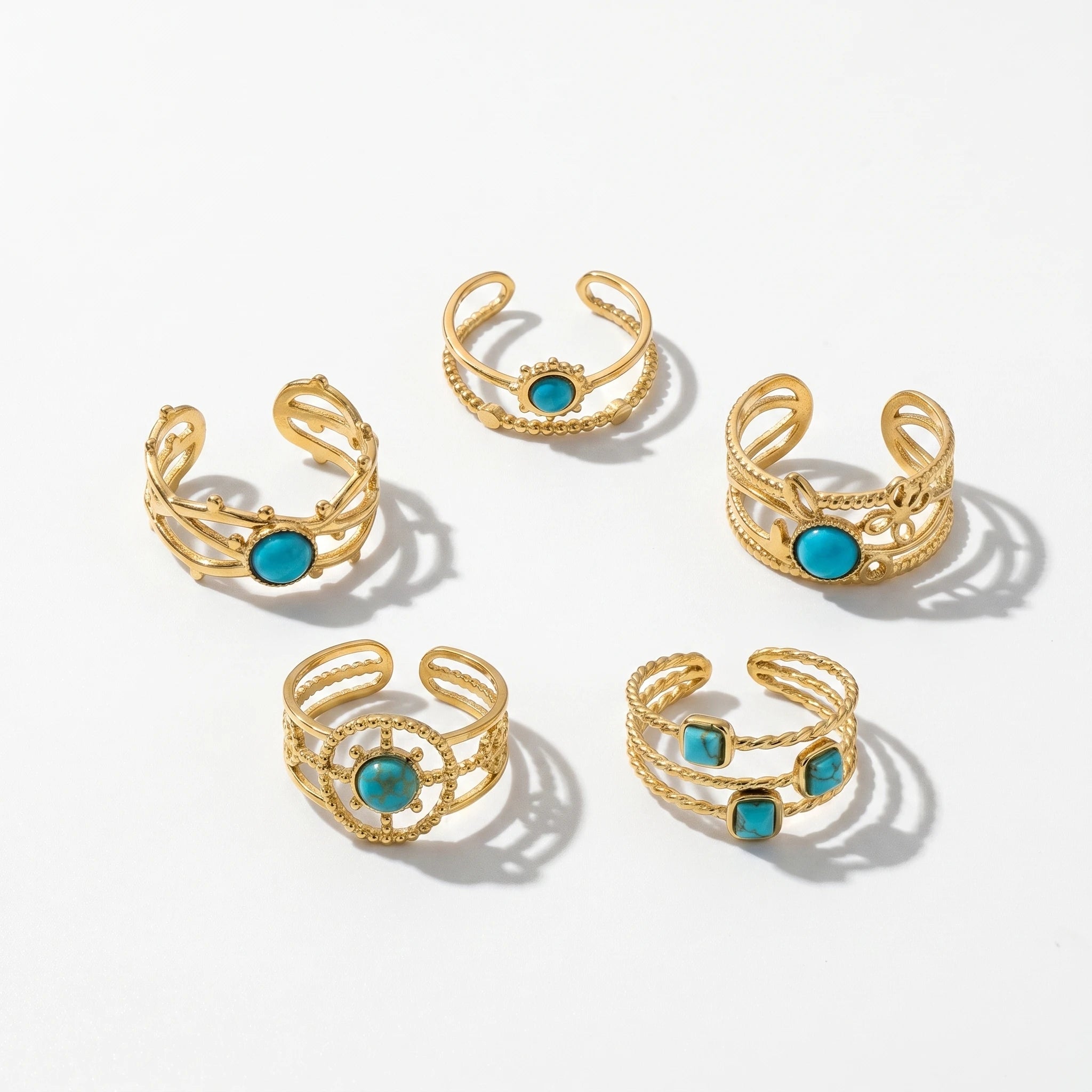 QIAOREN 13146-50 5Pcs Gold Turquoise Open Cuff Ring Set, Boho Hollow Inlaid Turquoise Stainless Steel Stackable Jewelry