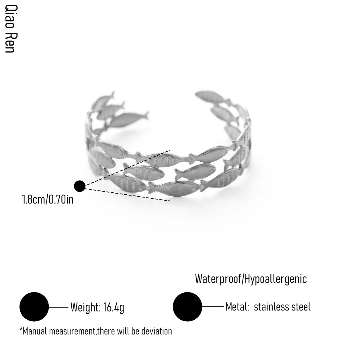 QIAOREN 14106 Stainless Steel Fish Open Cuff Bracelet Waterproof Hypoallergenic Ocean Jewelry OEM ODM