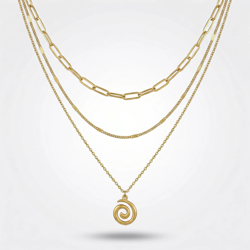 QIAOREN 10651 Bohemian Spiral Pendant Layered Link Chain Necklace 18K Gold Plated Stainless Steel Statement Everyday Wear
