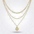QIAOREN 10651 Bohemian Spiral Pendant Layered Link Chain Necklace 18K Gold Plated Stainless Steel Statement Everyday Wear