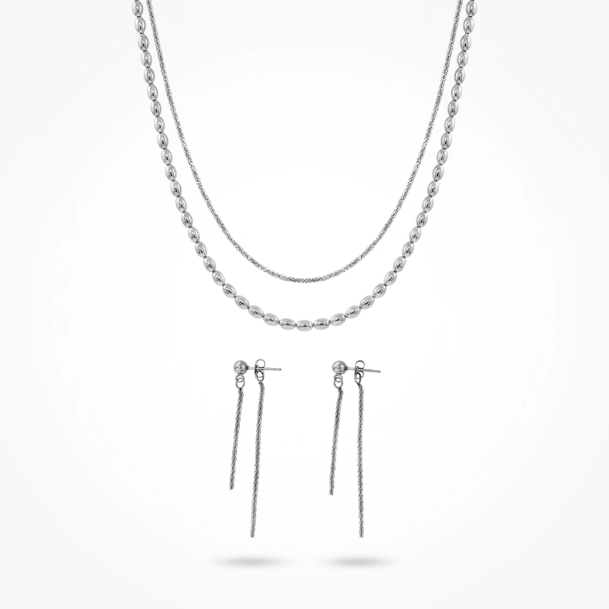 QIAOREN 11542 18K Gold Plated Oval Bead Chain & Tassel Drop Earrings Set Stainless Steel Tarnish Free