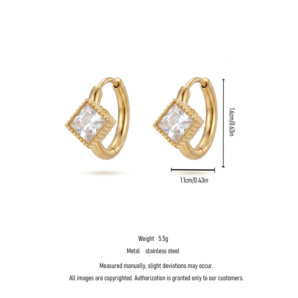 QIAOREN 12121-24 18K Gold Plated Stainless Steel Huggie Hoop Earrings Princess Cut Square CZ Inlaid Textured Bezel Ear Buckle