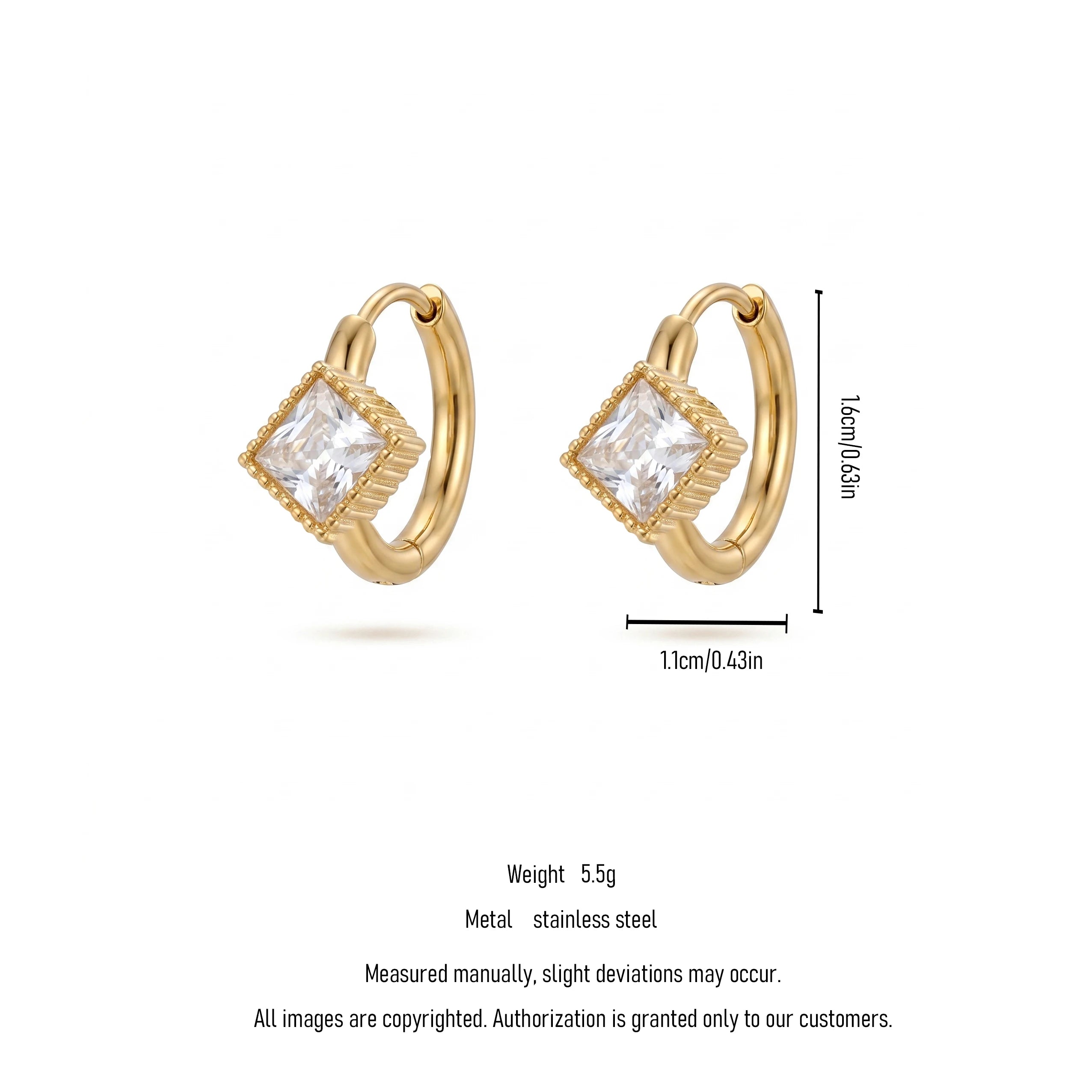 QIAOREN 12121-24 18K Gold Plated Stainless Steel Huggie Hoop Earrings Princess Cut Square CZ Inlaid Textured Bezel Ear Buckle