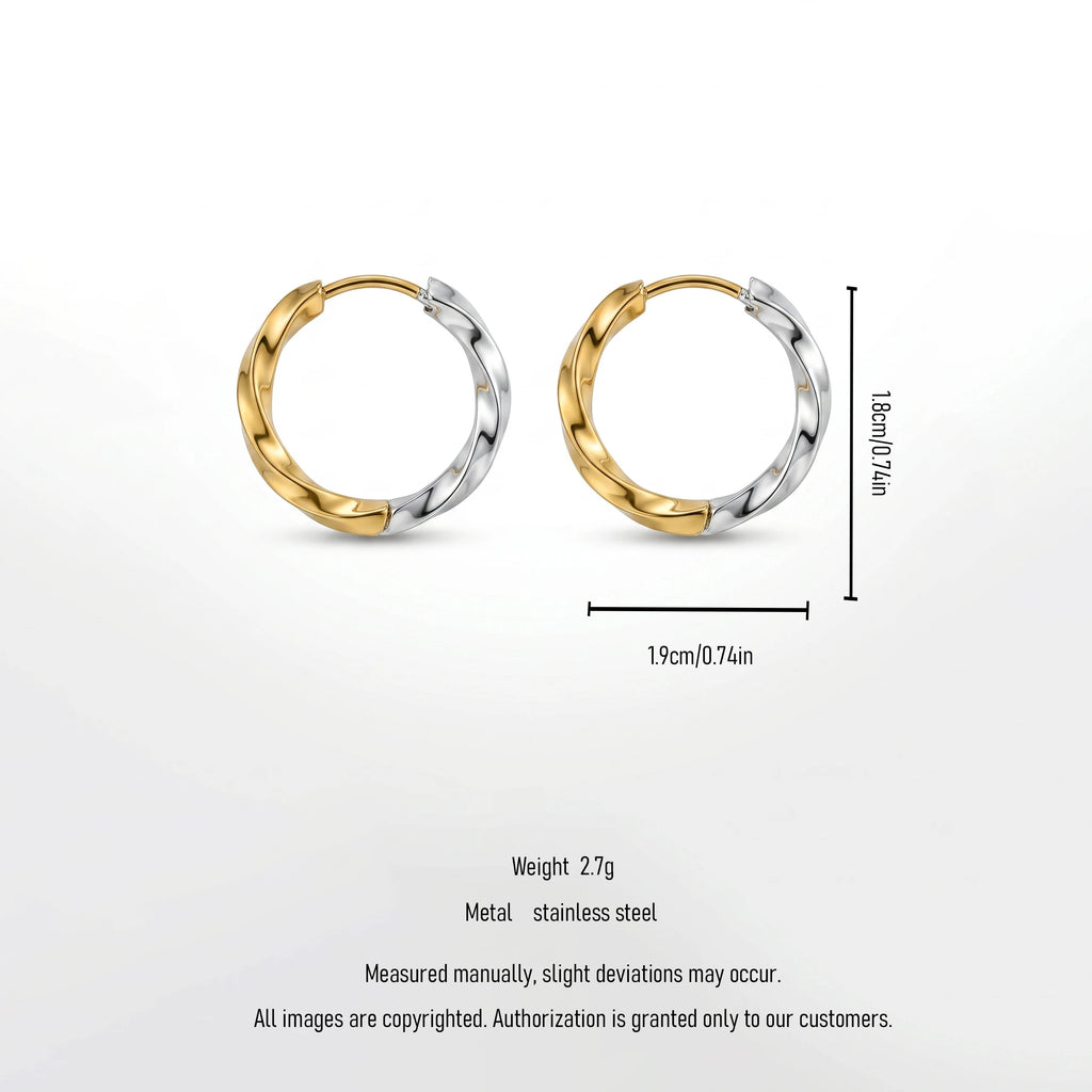 QIAOREN 12755 Stainless Steel Two Tone Twisted Hoop Earrings Silver Gold Mixed Metal Small Huggie Ear Jewelry for Women