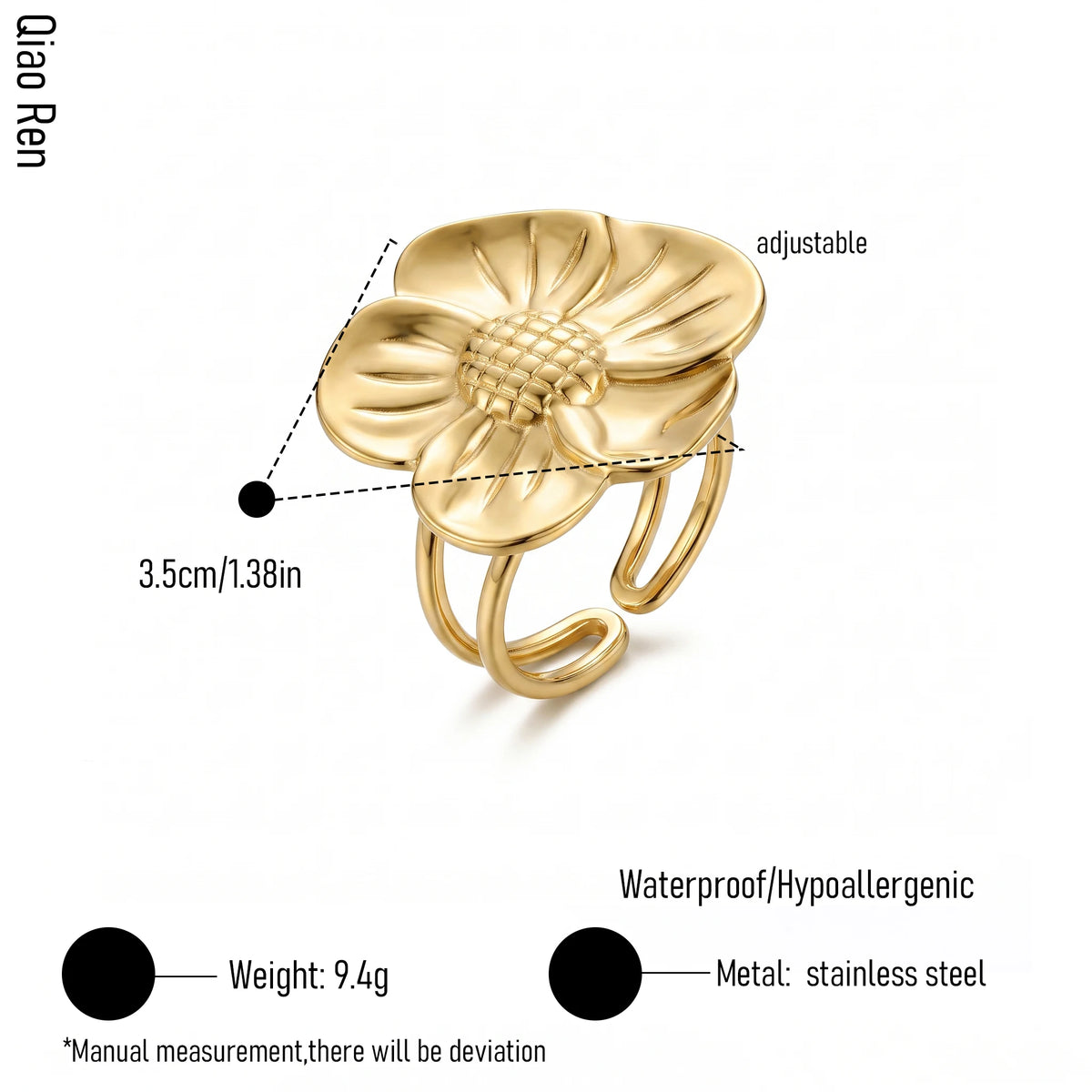 QIAOREN 14269-78 Vintage Textured Geometric Floral Open Cuff Ring Set, Adjustable Stackable Gold Tone Statement Rings