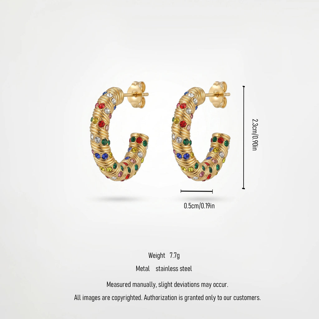QIAOREN  12221-23 Waterproof Gold Stainless Steel Textured Hoop Earrings Multicolor CZ C Shape Huggies Wholesale