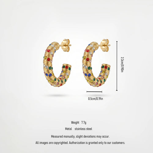 QIAOREN  12221-23 Waterproof Gold Stainless Steel Textured Hoop Earrings Multicolor CZ C Shape Huggies Wholesale