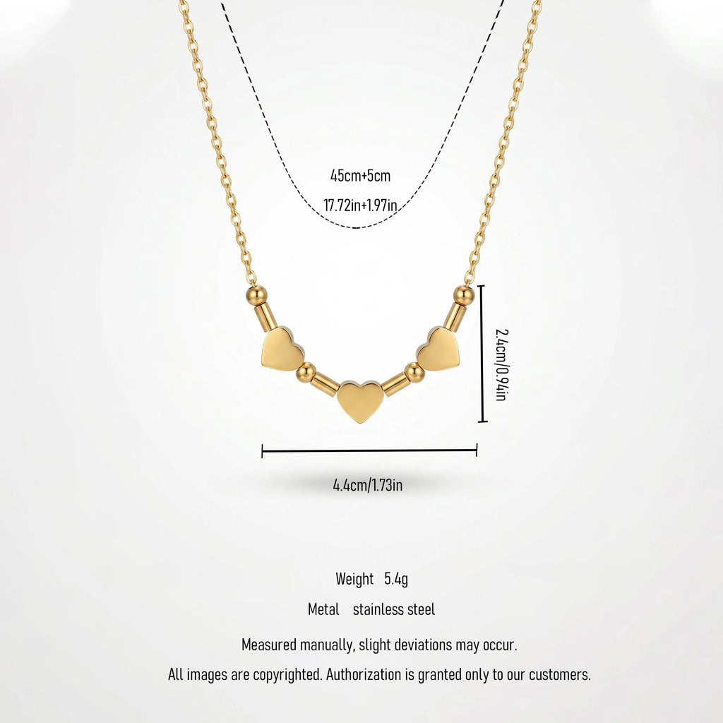 QIAOREN 11780 18K Gold Plated Stainless Steel Three Heart Beaded Bar Necklace Dainty Love Jewelry Gift for US European Women