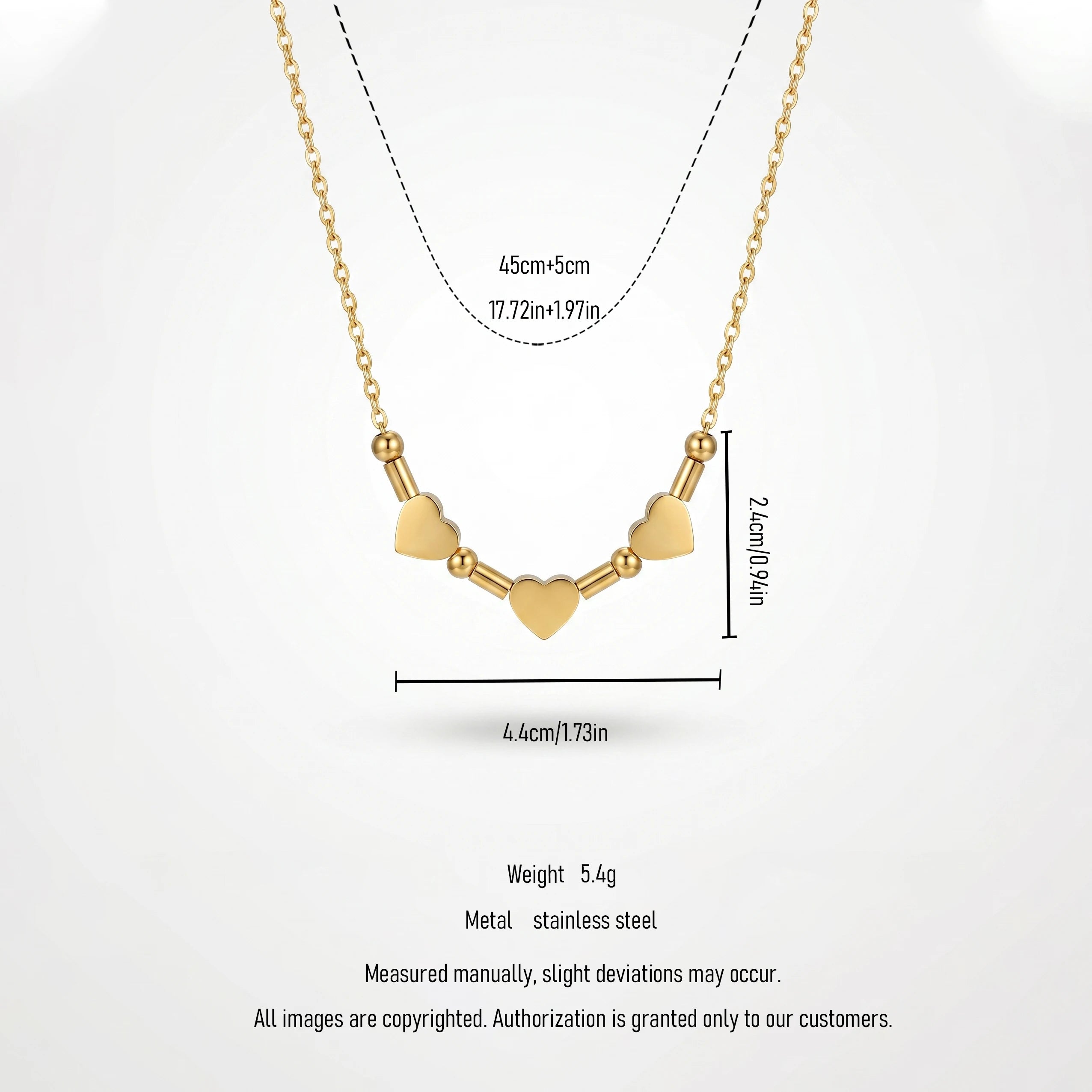 QIAOREN 11780 18K Gold Plated Stainless Steel Three Heart Beaded Bar Necklace Dainty Love Jewelry Gift for US European Women