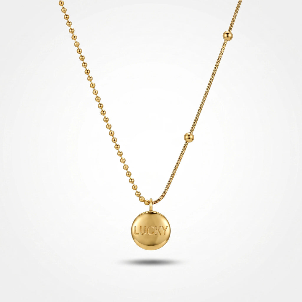 QIAOREN 13760 Asymmetric Dual Link Chain Pendant Necklace with Engraved LUCKY Round Disc Charm, Mixed Ball Bead & Snake Jewelry