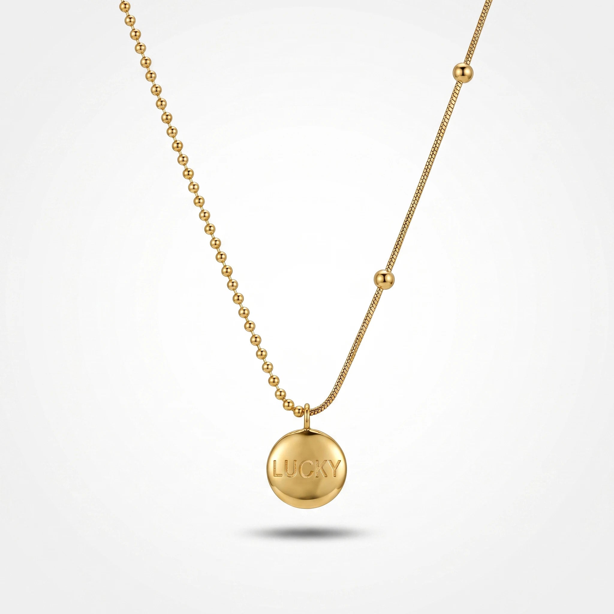 QIAOREN 13760 Asymmetric Dual Link Chain Pendant Necklace with Engraved LUCKY Round Disc Charm, Mixed Ball Bead & Snake Jewelry
