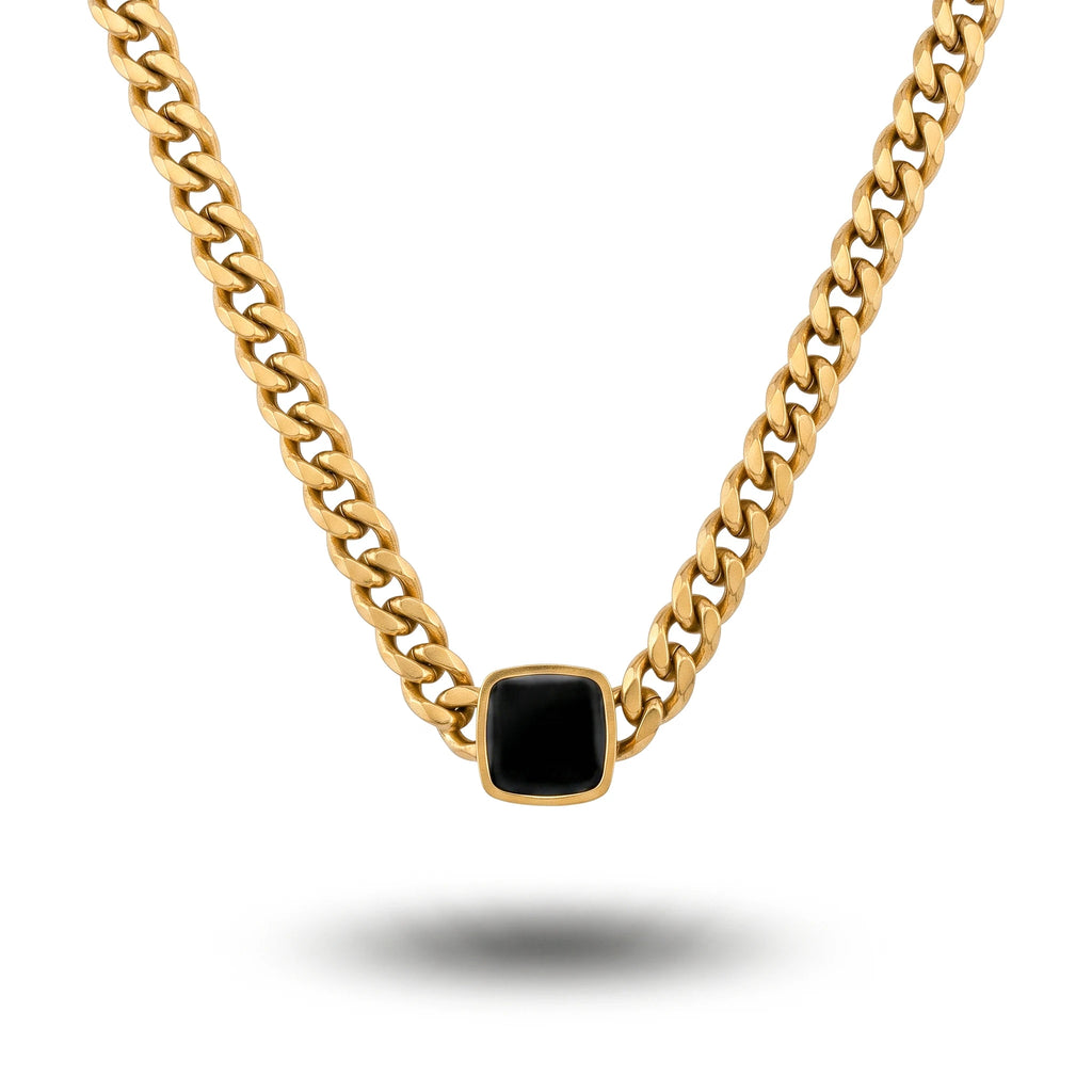 QIAOREN 10782 Vintage Black Geometric Pendant Cuban Link Necklace 18K Gold Plated Stainless Steel Waterproof  Style Jewelry