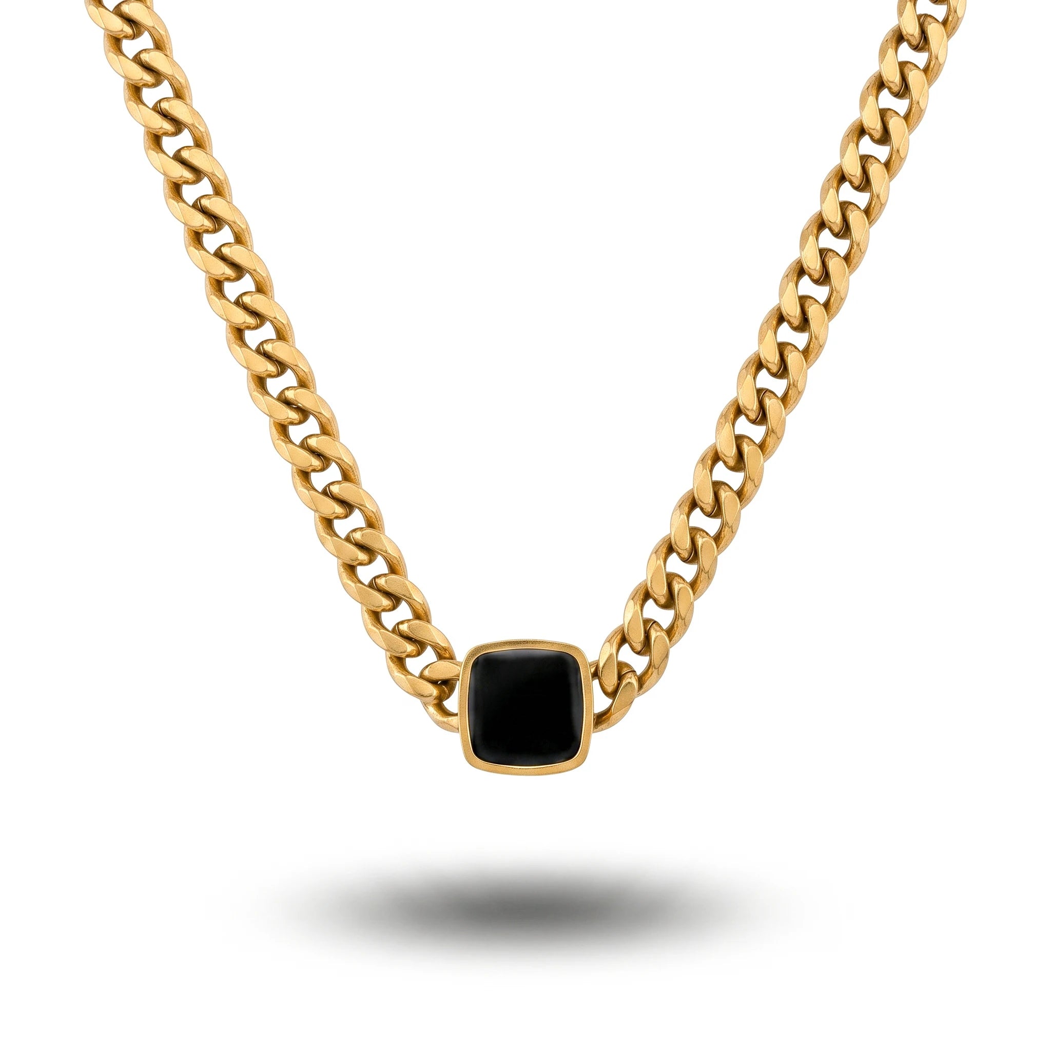QIAOREN 10782 Vintage Black Geometric Pendant Cuban Link Necklace 18K Gold Plated Stainless Steel Waterproof  Style Jewelry
