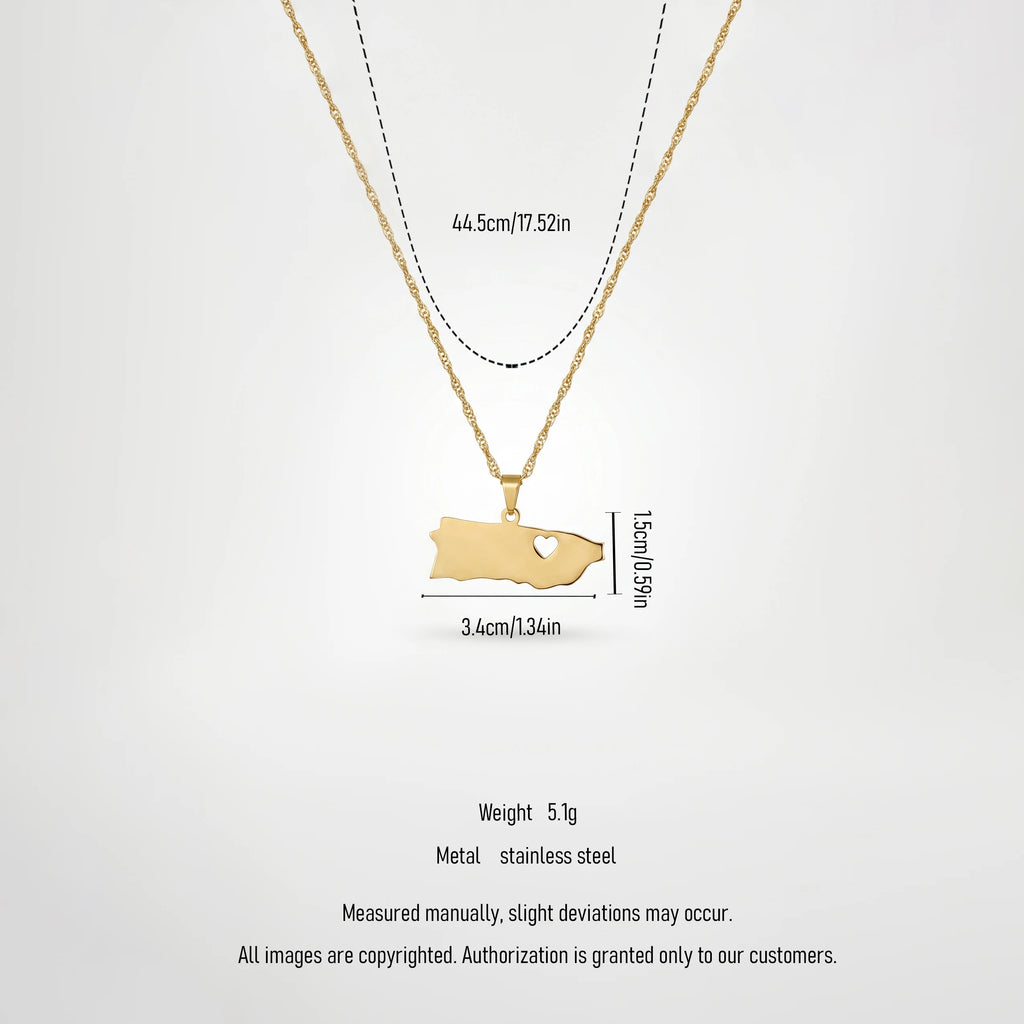 QIAOREN 12870 18KGoldPlated Puerto RicoMap Necklace StainlessSteel Island Heart Pendant Waterproof Tarnish Free Heritage Jewelry