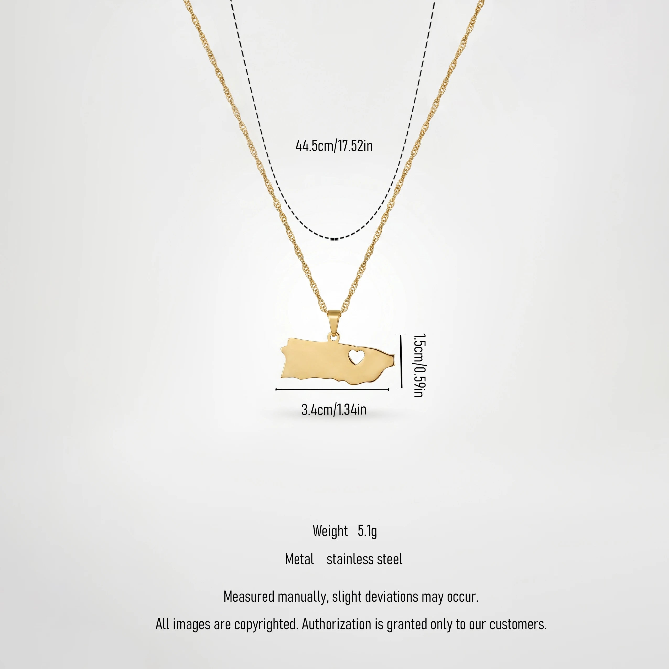 QIAOREN 12870 18KGoldPlated Puerto RicoMap Necklace StainlessSteel Island Heart Pendant Waterproof Tarnish Free Heritage Jewelry