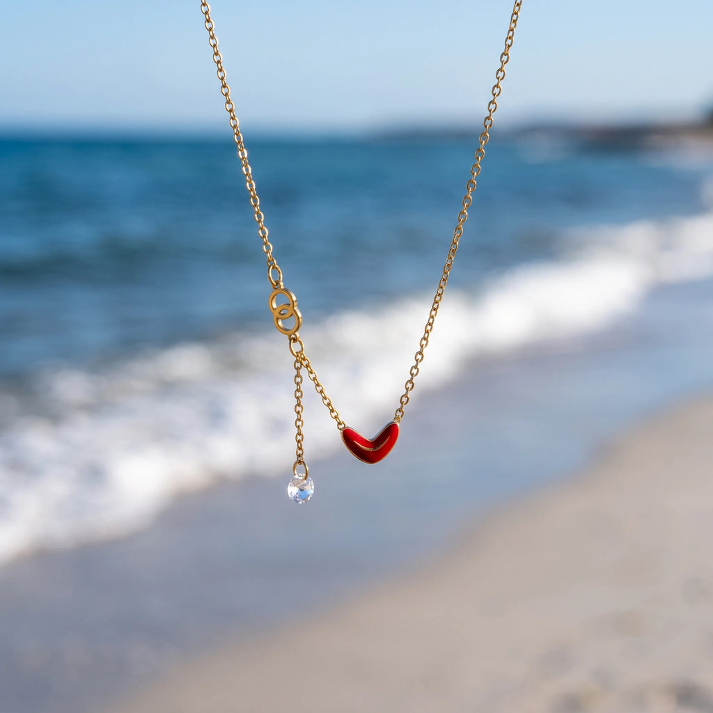 QIAOREN 13810 Thin Oval Link Chain Red Enamel Heart Pendant Necklace with Interlocking Double Circle & Zircon Drop