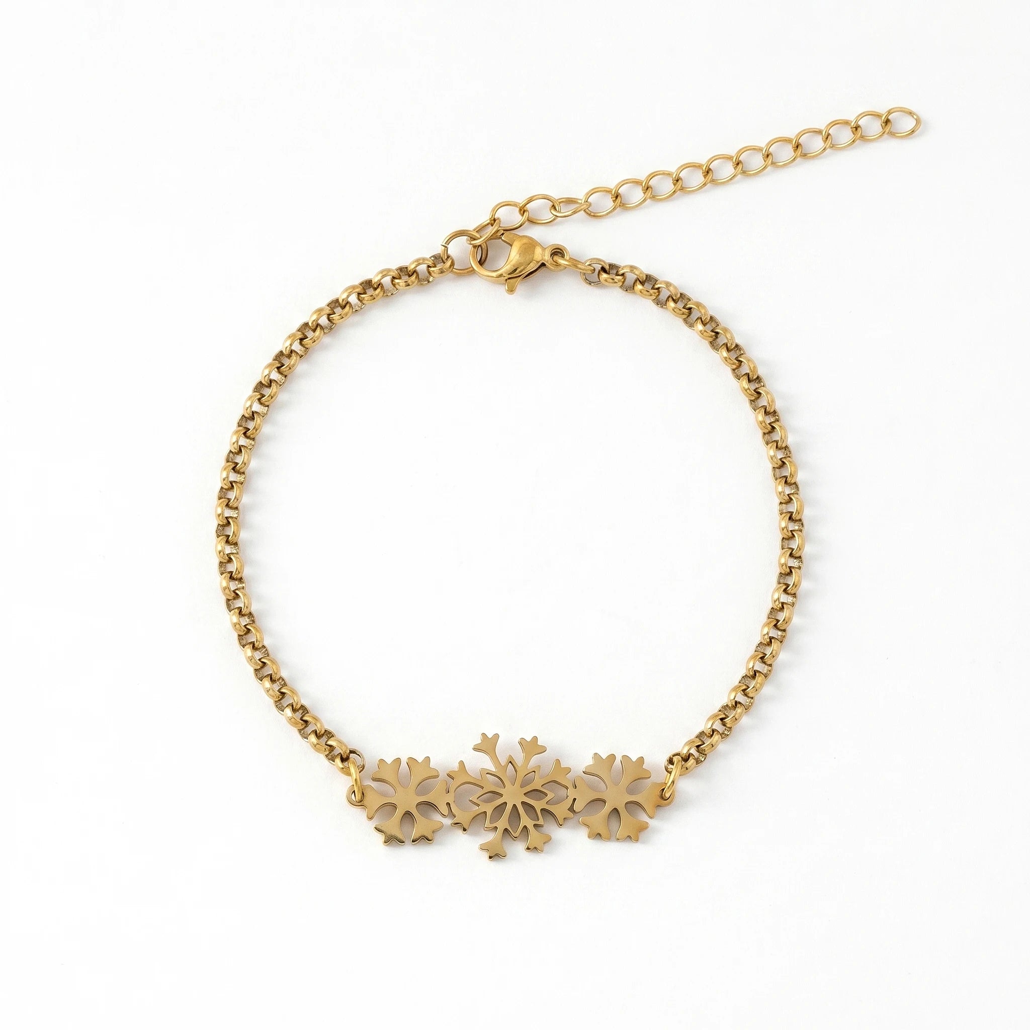 QIAOREN 11727 18K Gold Plated Stainless Steel Triple Snowflake Link Bracelet Extender Chain Winter Christmas Jewelry Gift