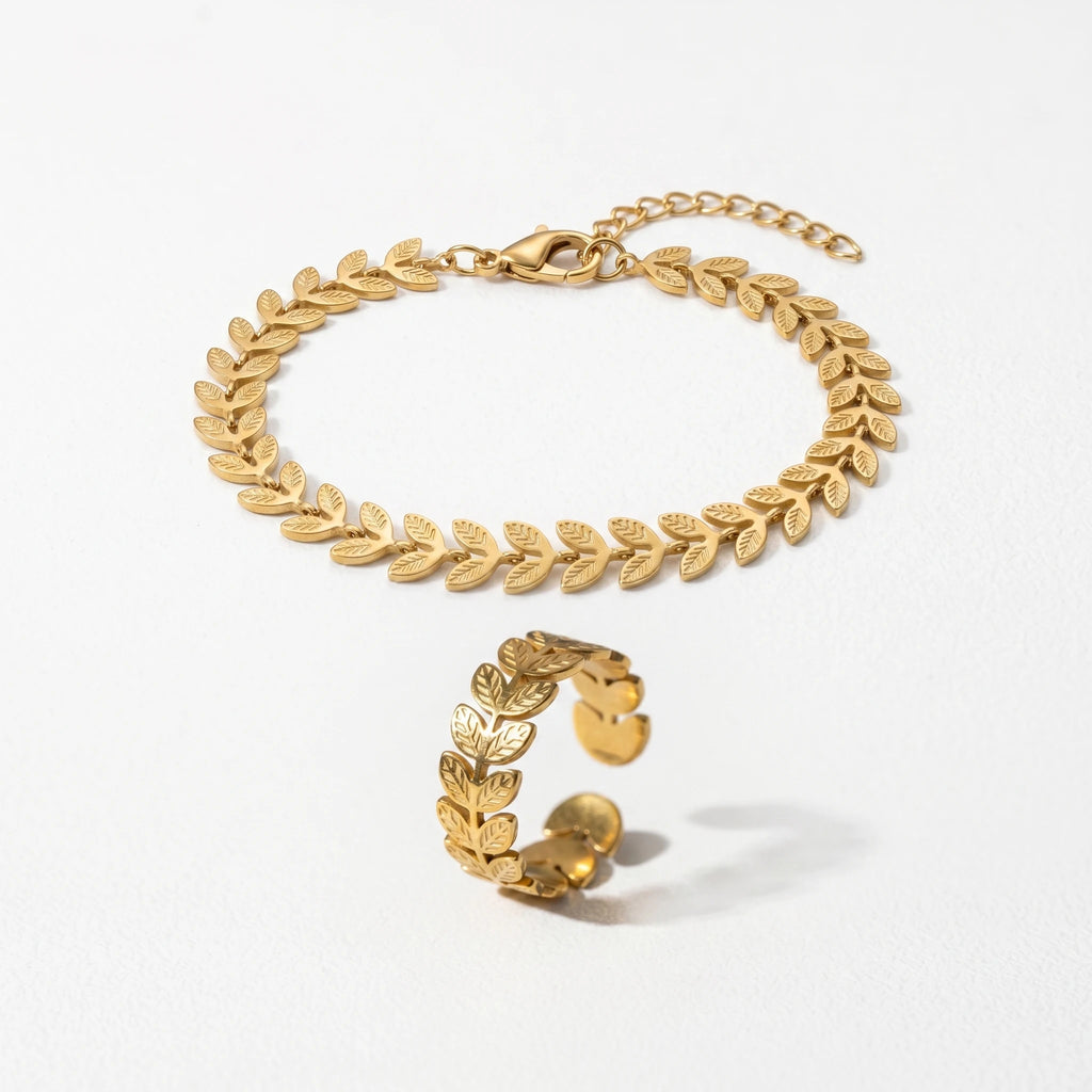 QIAOREN 11579 Elegant 18K Gold Plated Stainless Steel Quartz Chain Bracelet and Ring Set Nature Inspired Women's Gift Jewelry