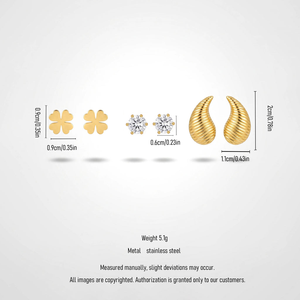 QIAOREN 13256 3 PCS Set  18K Gold Plated Stainless Steel Stud Earrings Set Solid Clover, Round CZ
