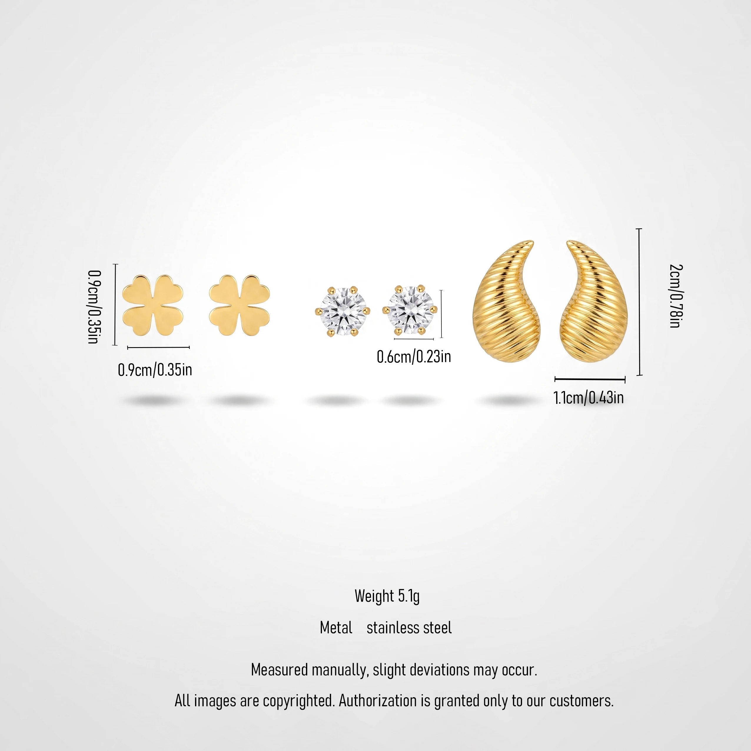 QIAOREN 13256 3 PCS Set  18K Gold Plated Stainless Steel Stud Earrings Set Solid Clover, Round CZ