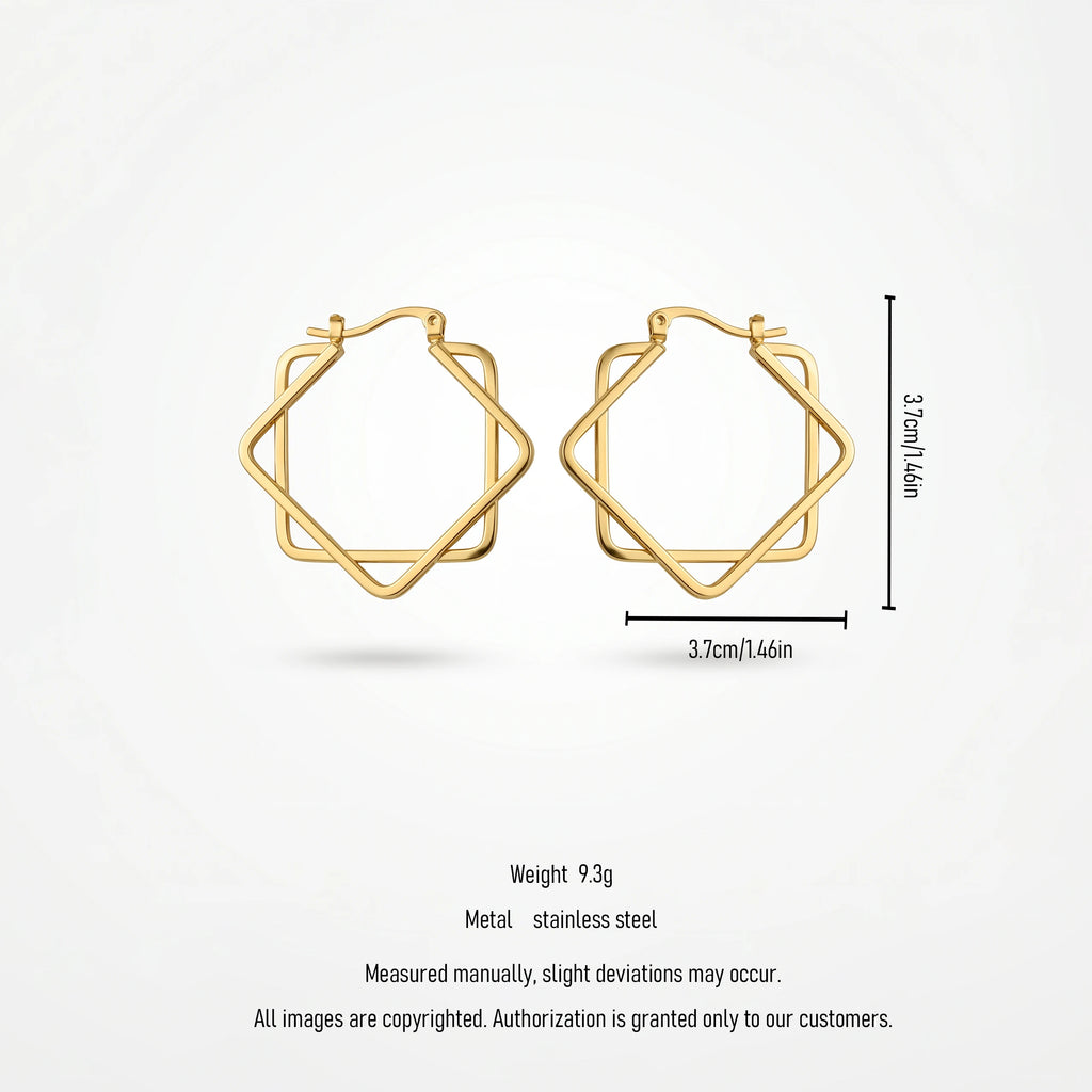 QIAOREN 12420 Trendy Geometric Double Square Hoop Earrings Gold Stainless Steel 8-Pointed Star Octagram Large Hoops Women US EU