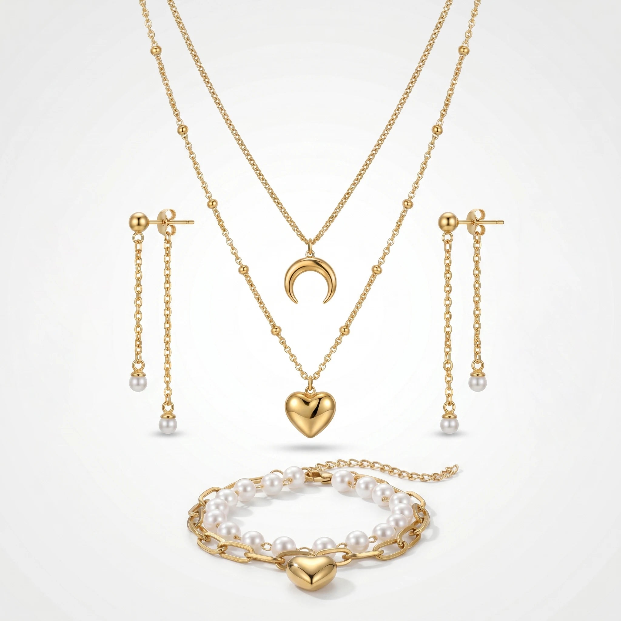 QIAOREN 11540 Romantic Pearl Tassel Moon Heart Jewelry Set 18K Gold Plated Stainless Steel for Women