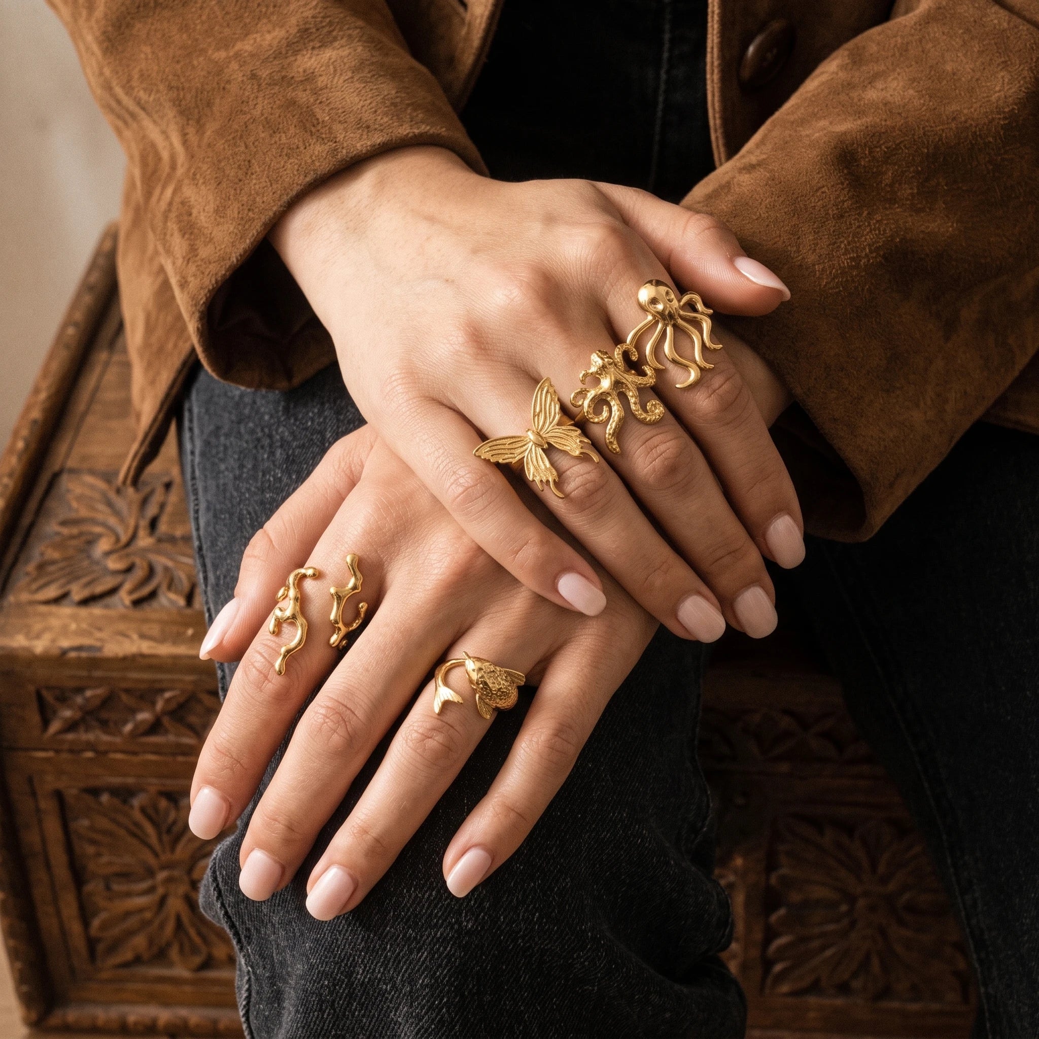 QIAOREN 14294-303 Ocean Inspired Animal Butterfly Open Cuff Ring Set, Adjustable Stackable Gold Tone Statement Rings